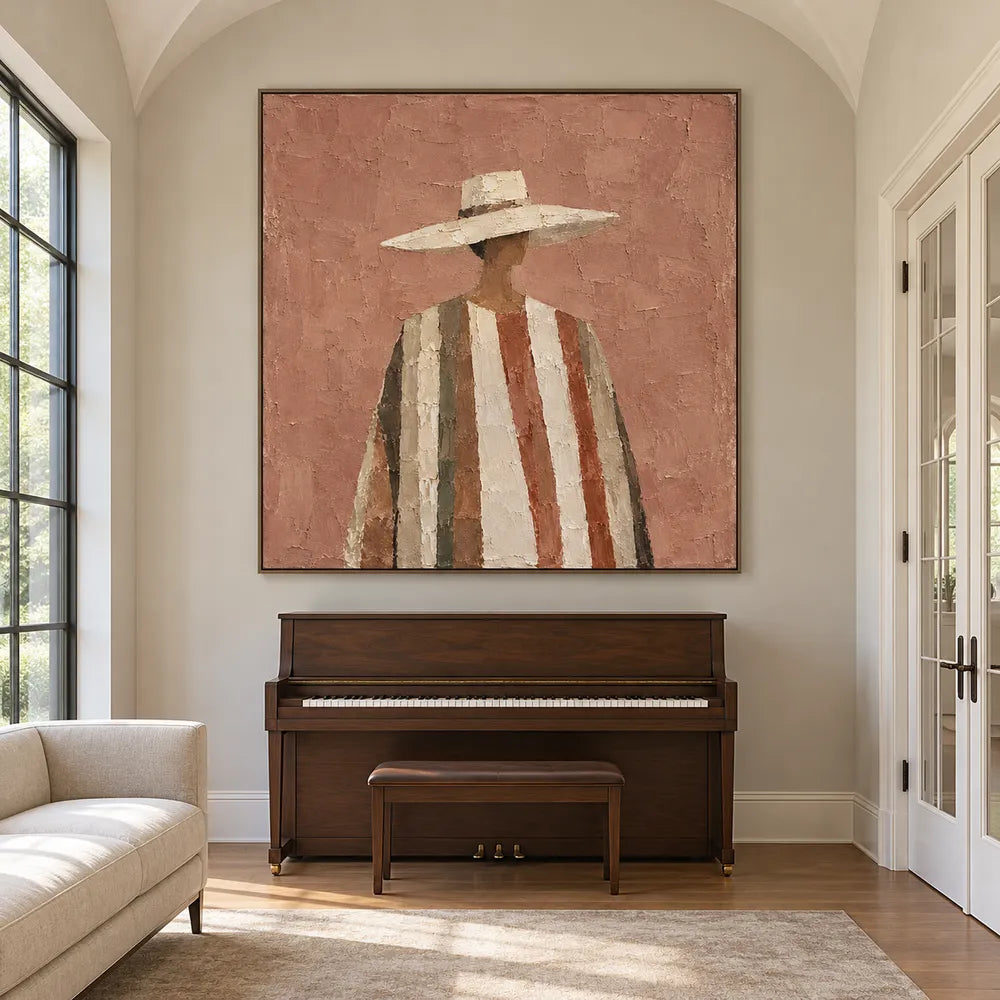 Terracotta & Cream Hand-Painted Oil Painting, Figure in a Wide-Brim Hat #XZPZ1PR7