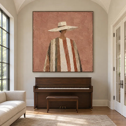 Terracotta & Cream Hand-Painted Oil Painting, Figure in a Wide-Brim Hat #XZPZ1PR7
