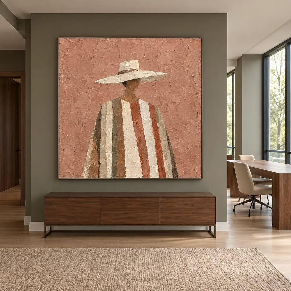 Terracotta & Cream Hand-Painted Oil Painting, Figure in a Wide-Brim Hat #XZPZ1PR7