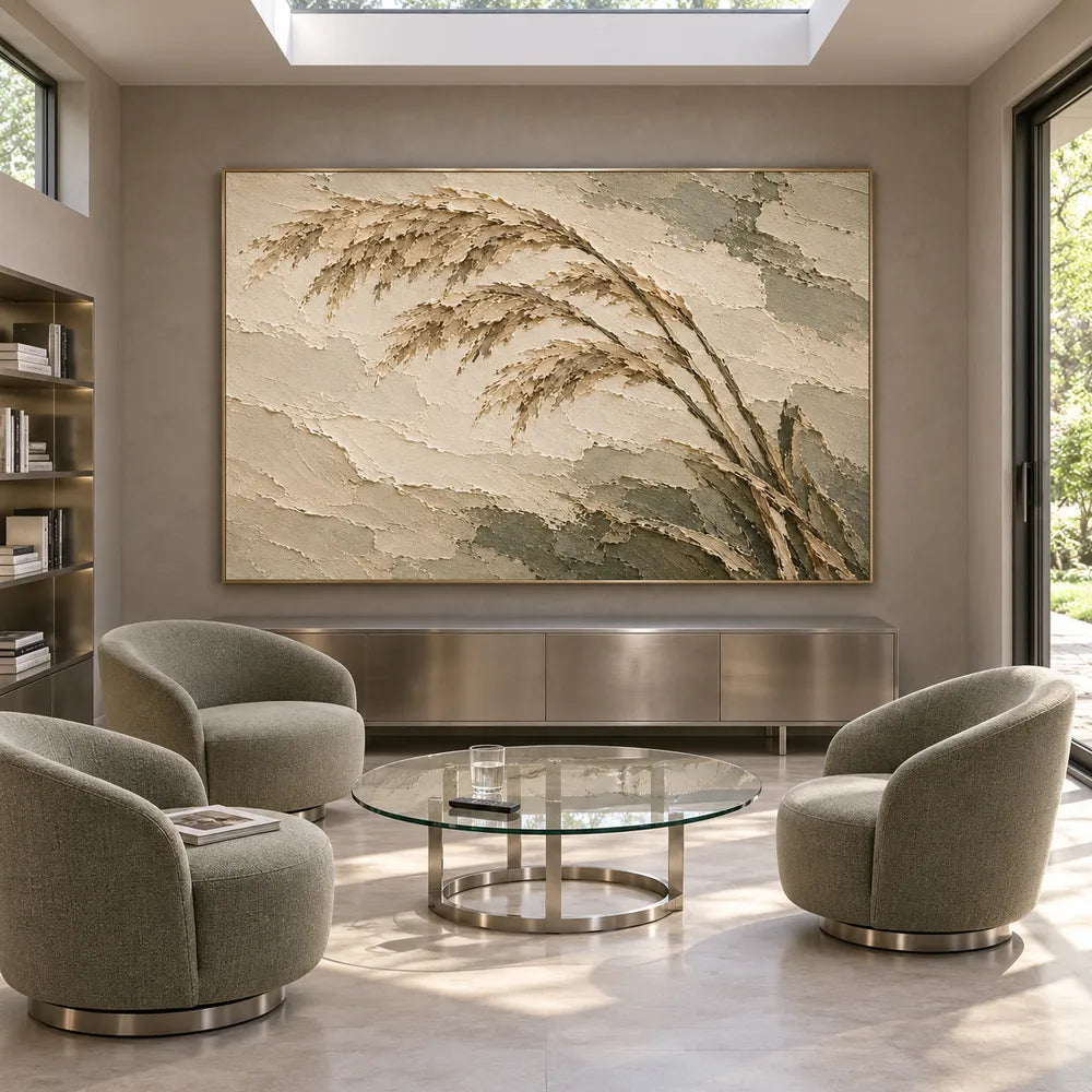 Beige Hand-Painted Grass Painting, Three Sweeping Seed Plumes #4BBZJSD7