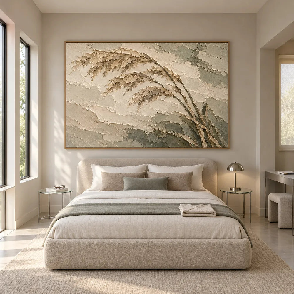Beige Hand-Painted Grass Painting, Three Sweeping Seed Plumes #4BBZJSD7