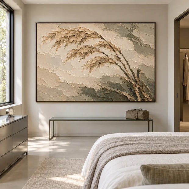Beige Hand-Painted Grass Painting, Three Sweeping Seed Plumes #4BBZJSD7