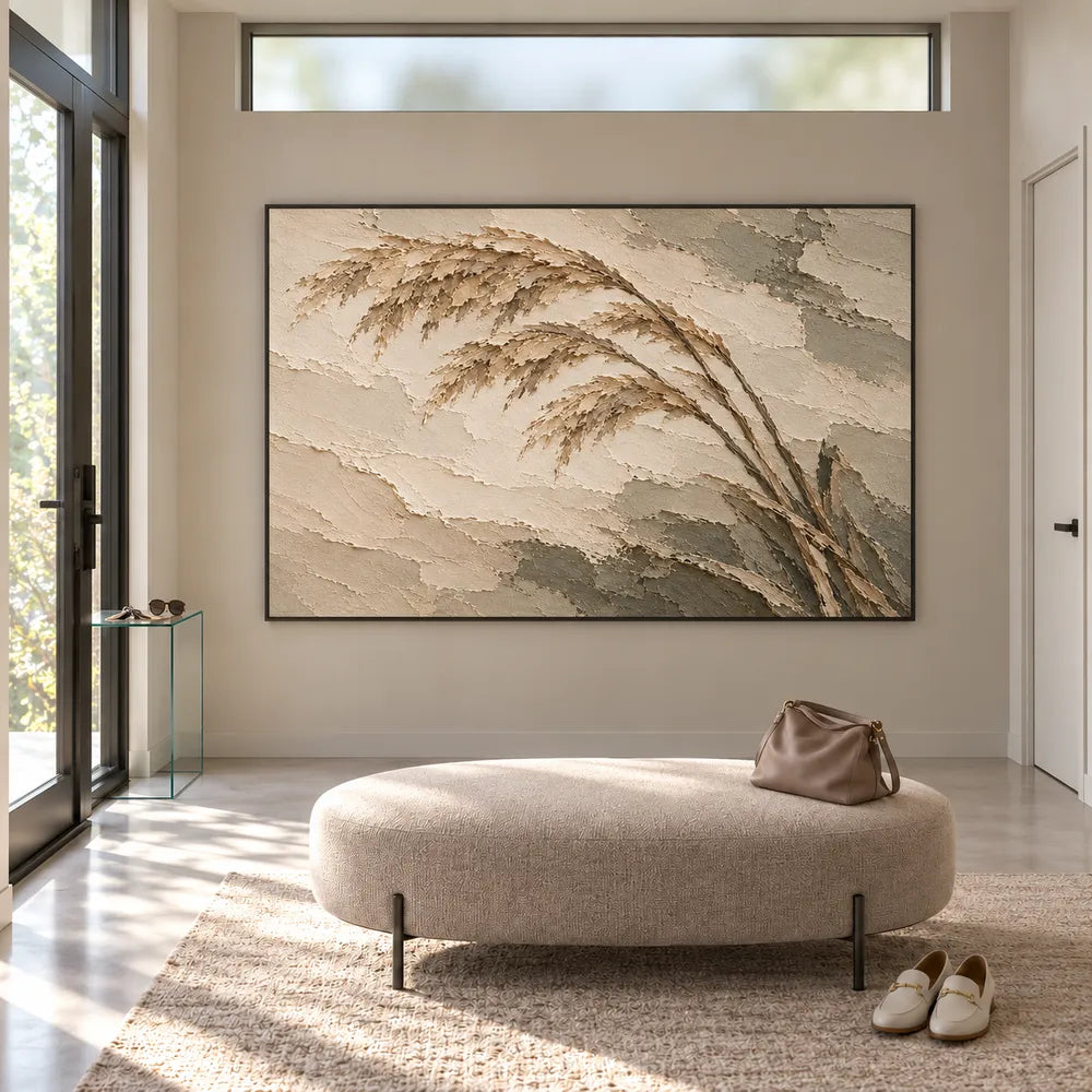 Beige Hand-Painted Grass Painting, Three Sweeping Seed Plumes #4BBZJSD7