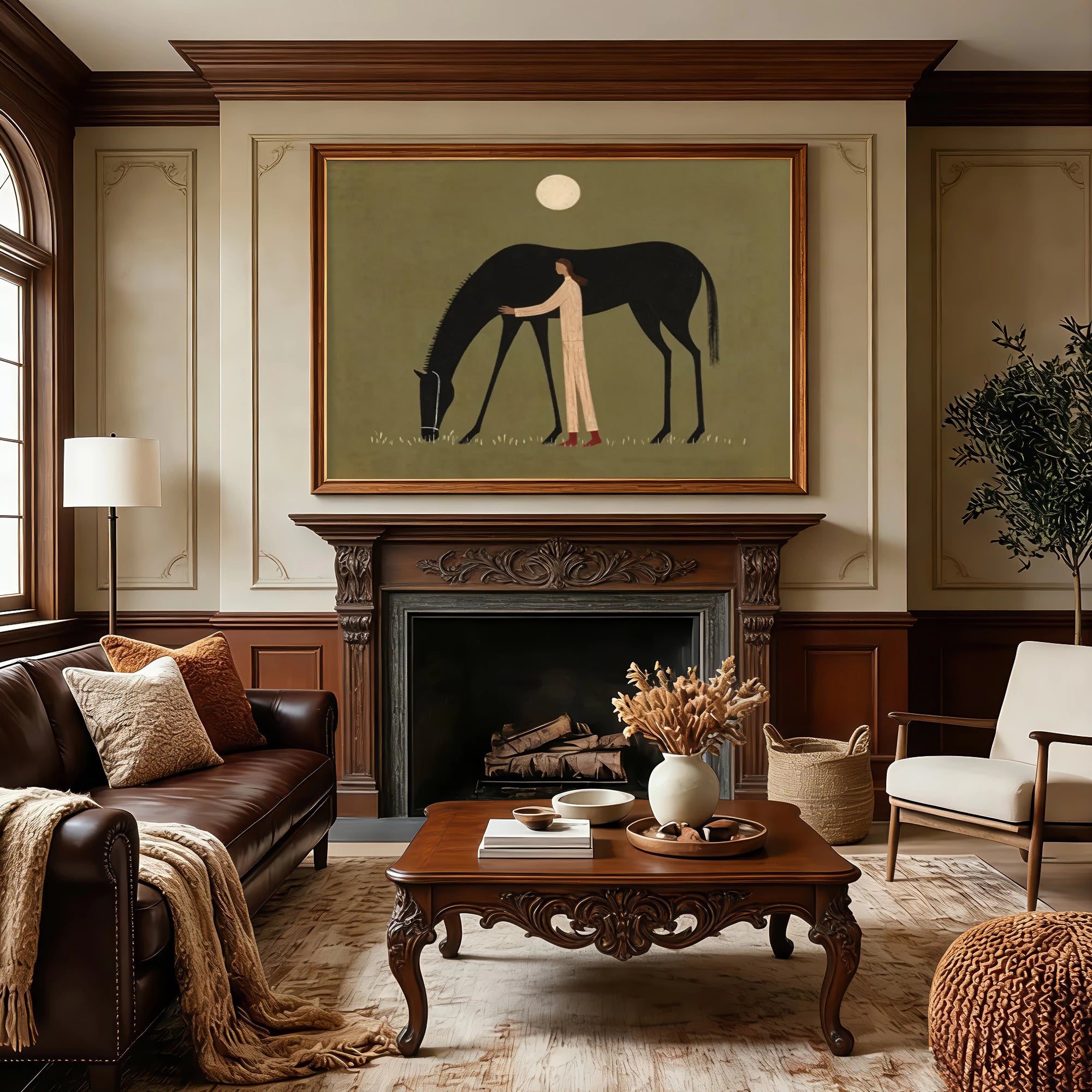 Hand-Painted Figure & Black Horse Oil Painting #AB185