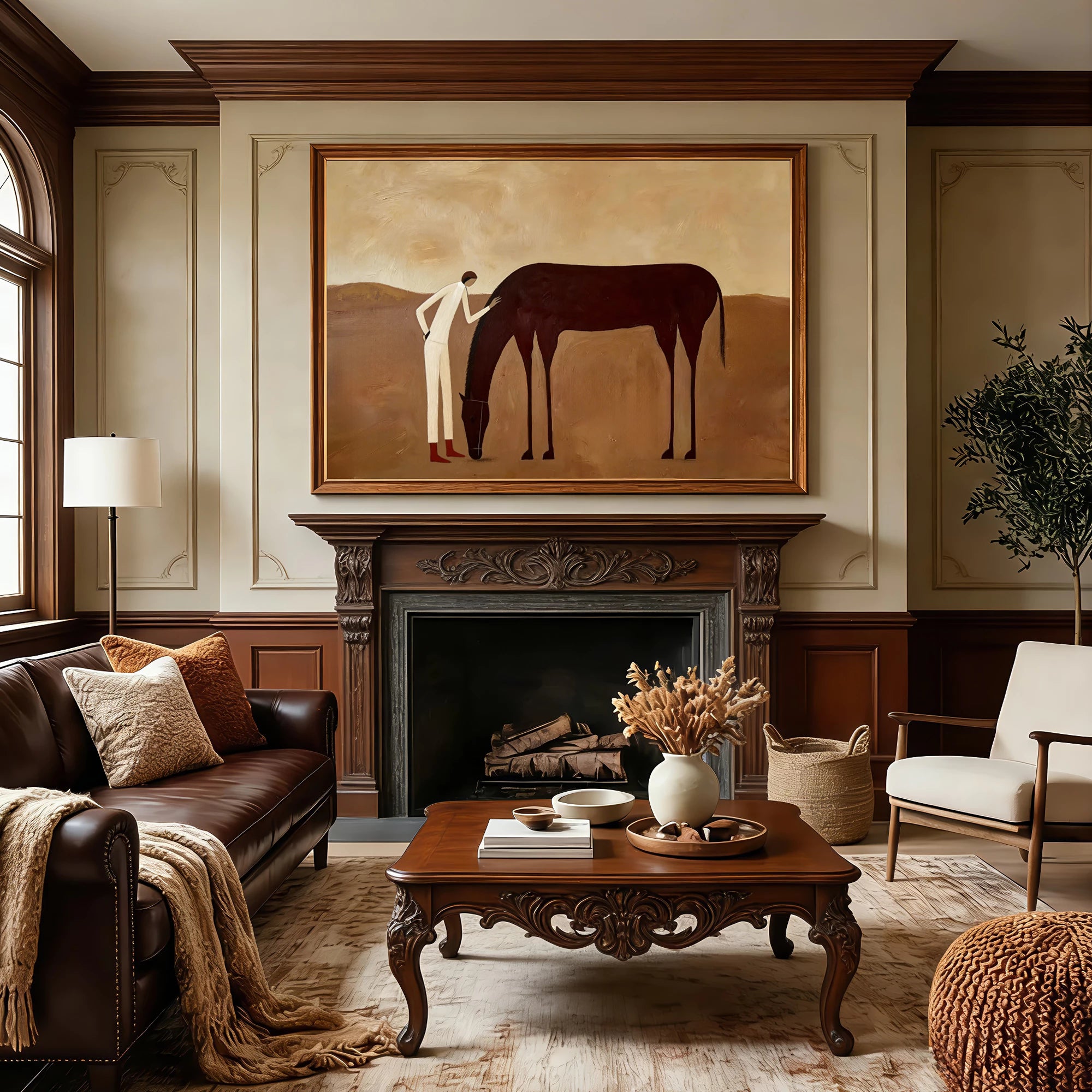 Contemporary Neutral Tone Horse & Rider Oil Painting #AB625