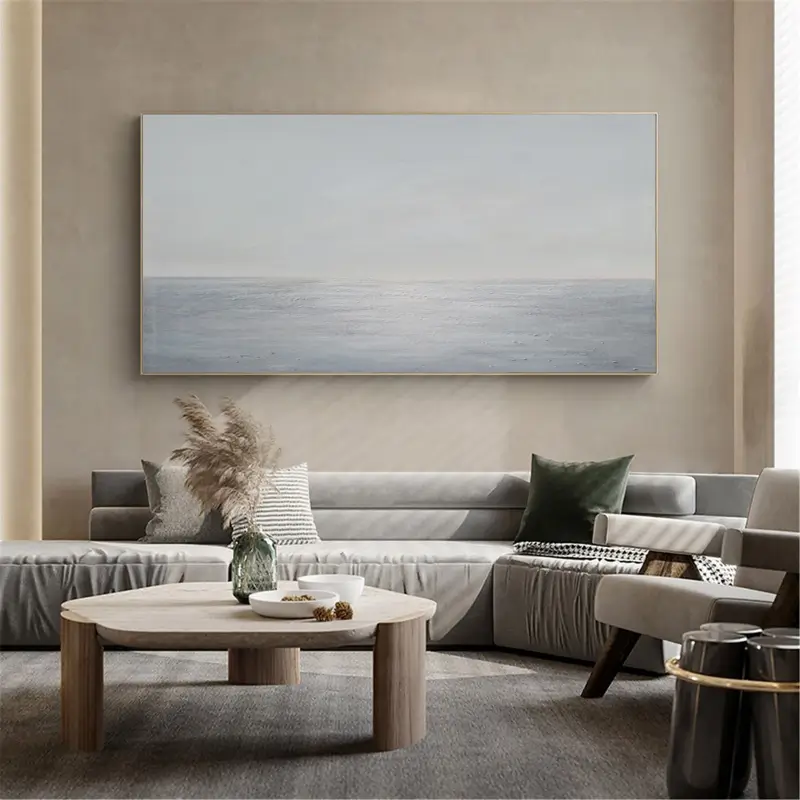 Light Blue Ocean Abstract Oil Painting, Handcrafted Sky and Sea Minimalist Framed Canvas