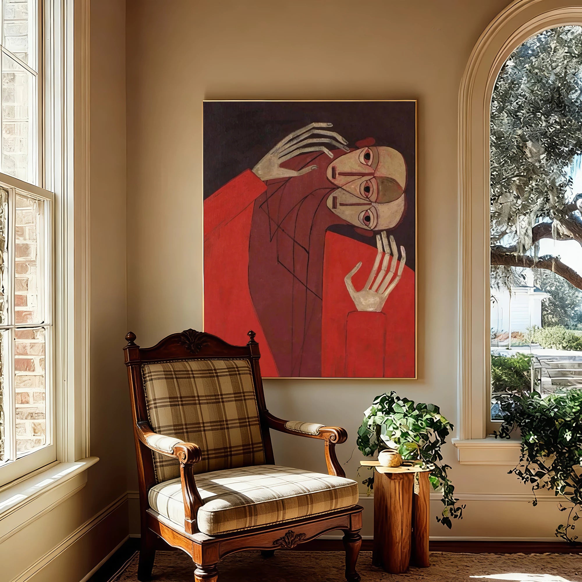 Hand-Painted Red Cubist Abstract Figure Oil Painting #AB163