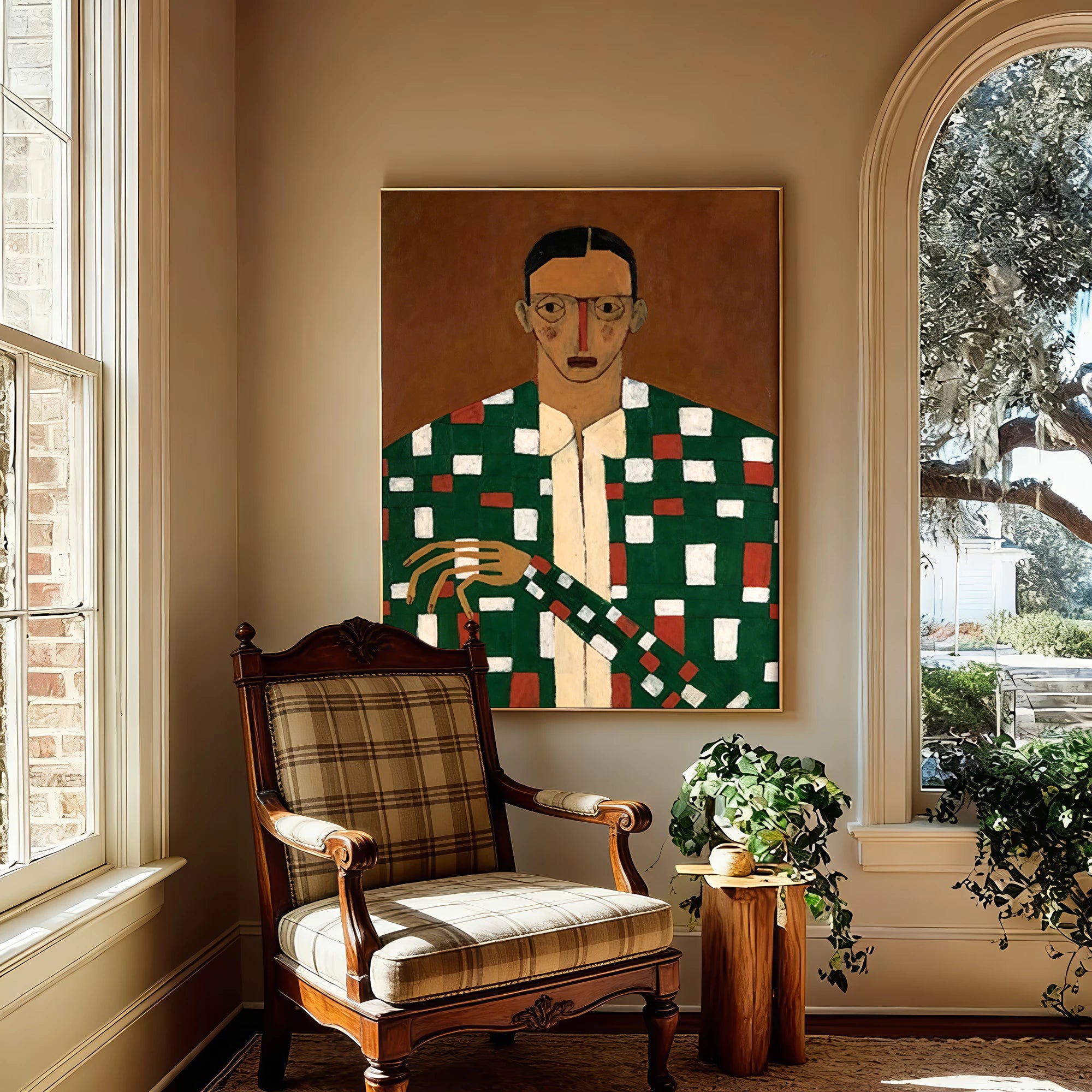 Retro Expressionist Plaid Figurative Oil Painting #AB287