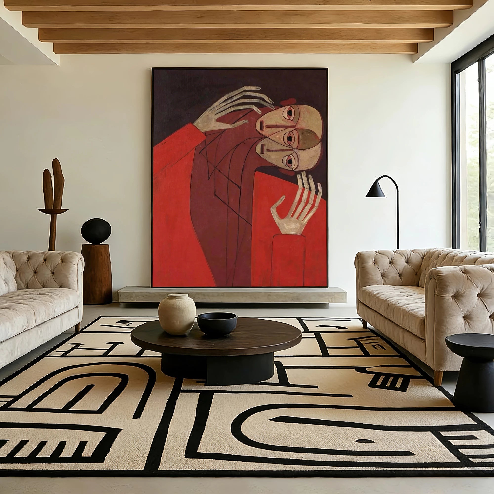 Hand-Painted Red Cubist Abstract Figure Oil Painting #AB163