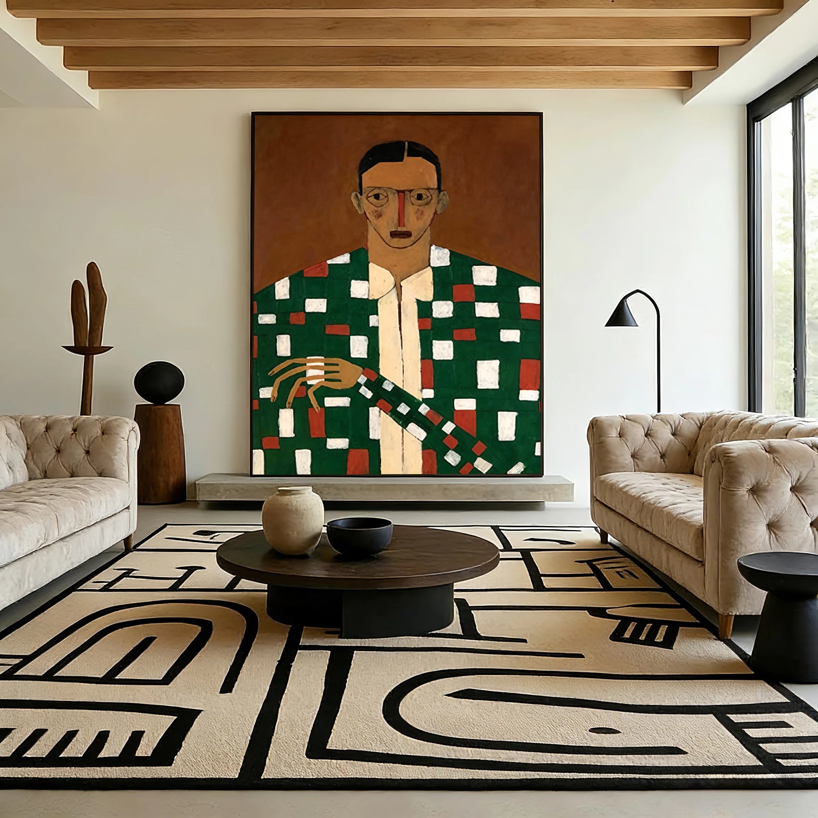 Retro Expressionist Plaid Figurative Oil Painting #AB287