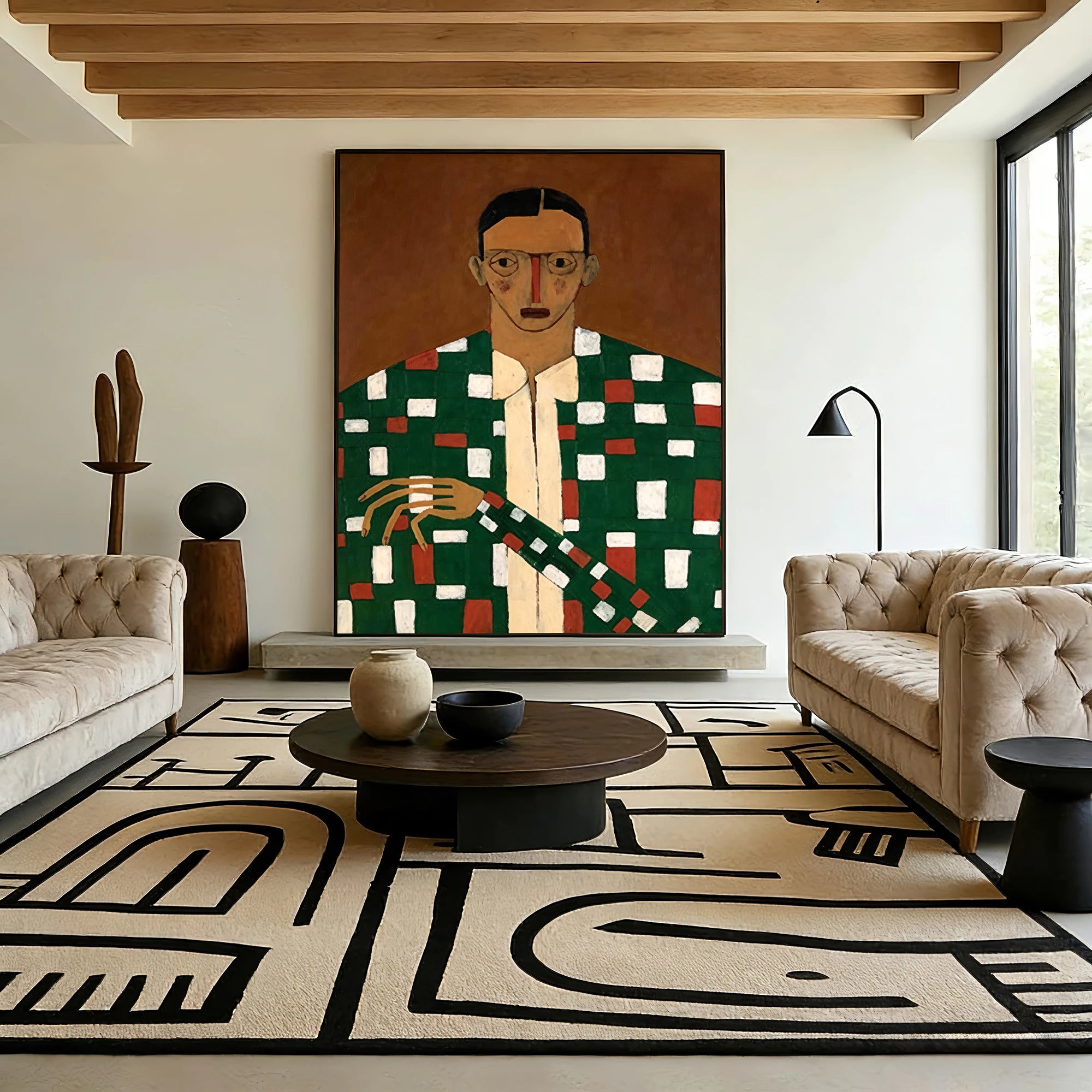 Retro Expressionist Plaid Figurative Oil Painting #AB287