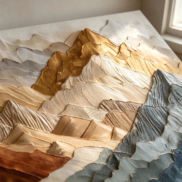 Colorful Mountain Wall Art for Living Room, Gold Rust and Blue Layered Landscape #UXCDZQ92
