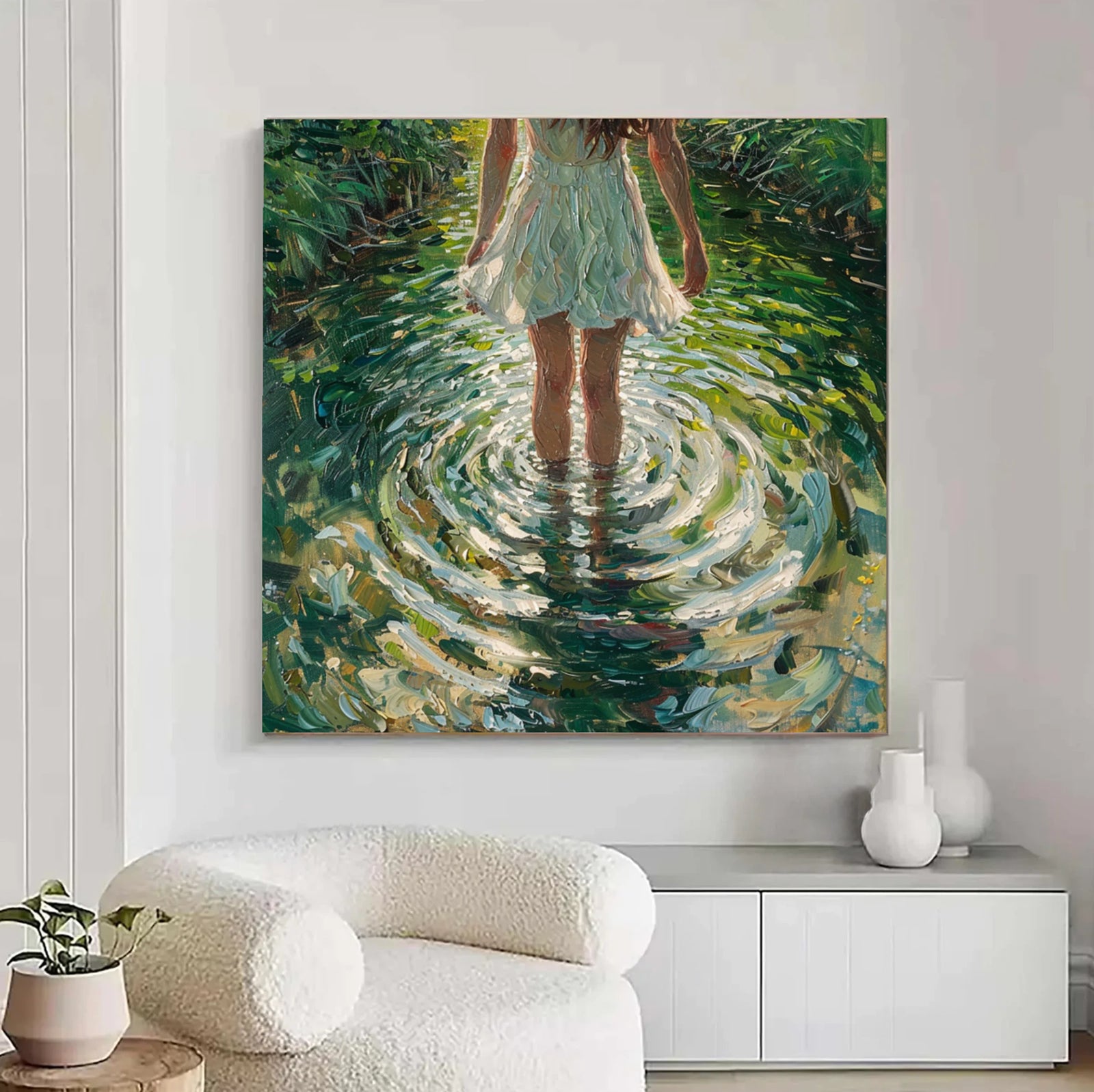 Hand-painted Oil Painting, Girl in Stream with Ripples #AB837