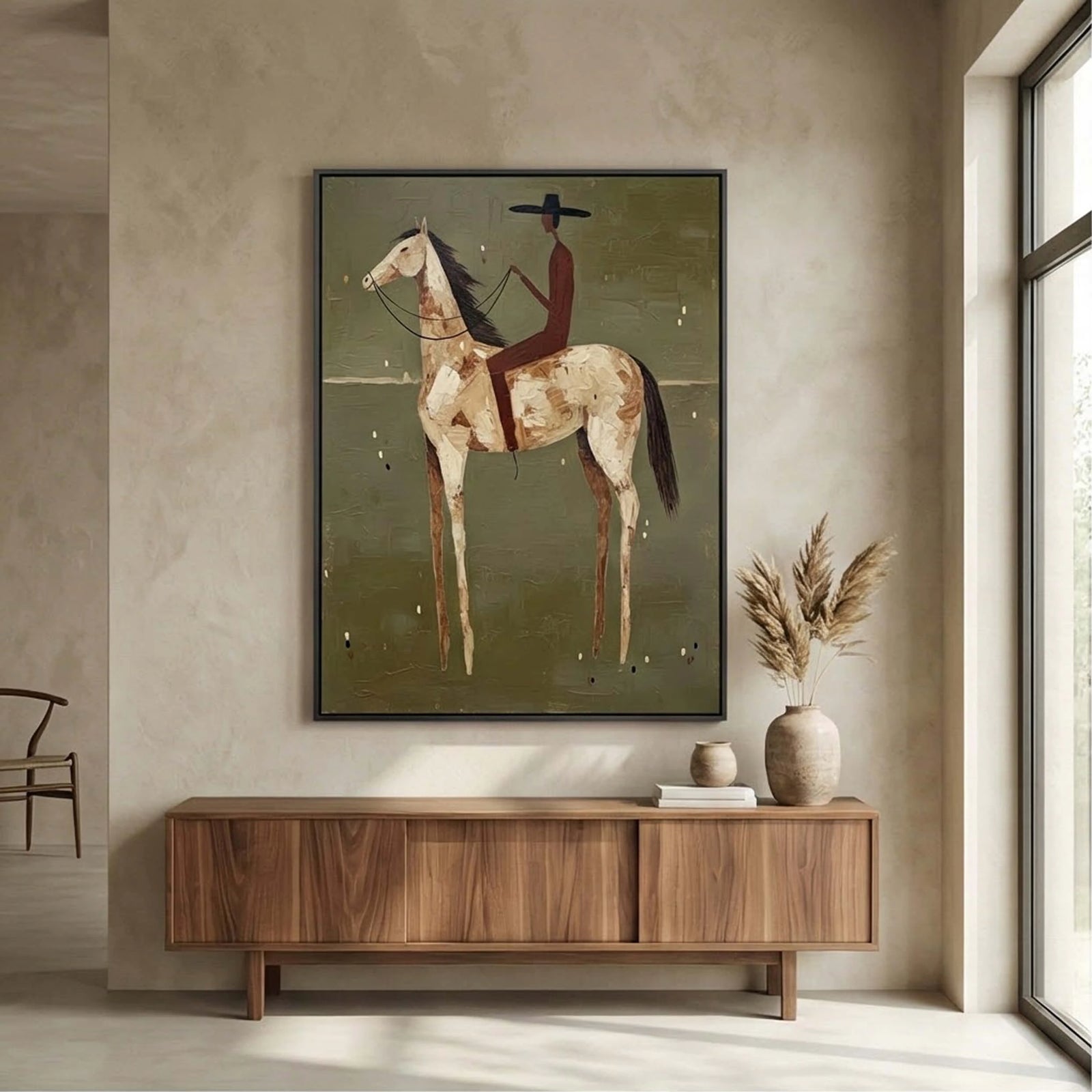 Hand-painted Abstract Cowboy on Horse Oil Painting, Neutral Western Wall Art #AB141
