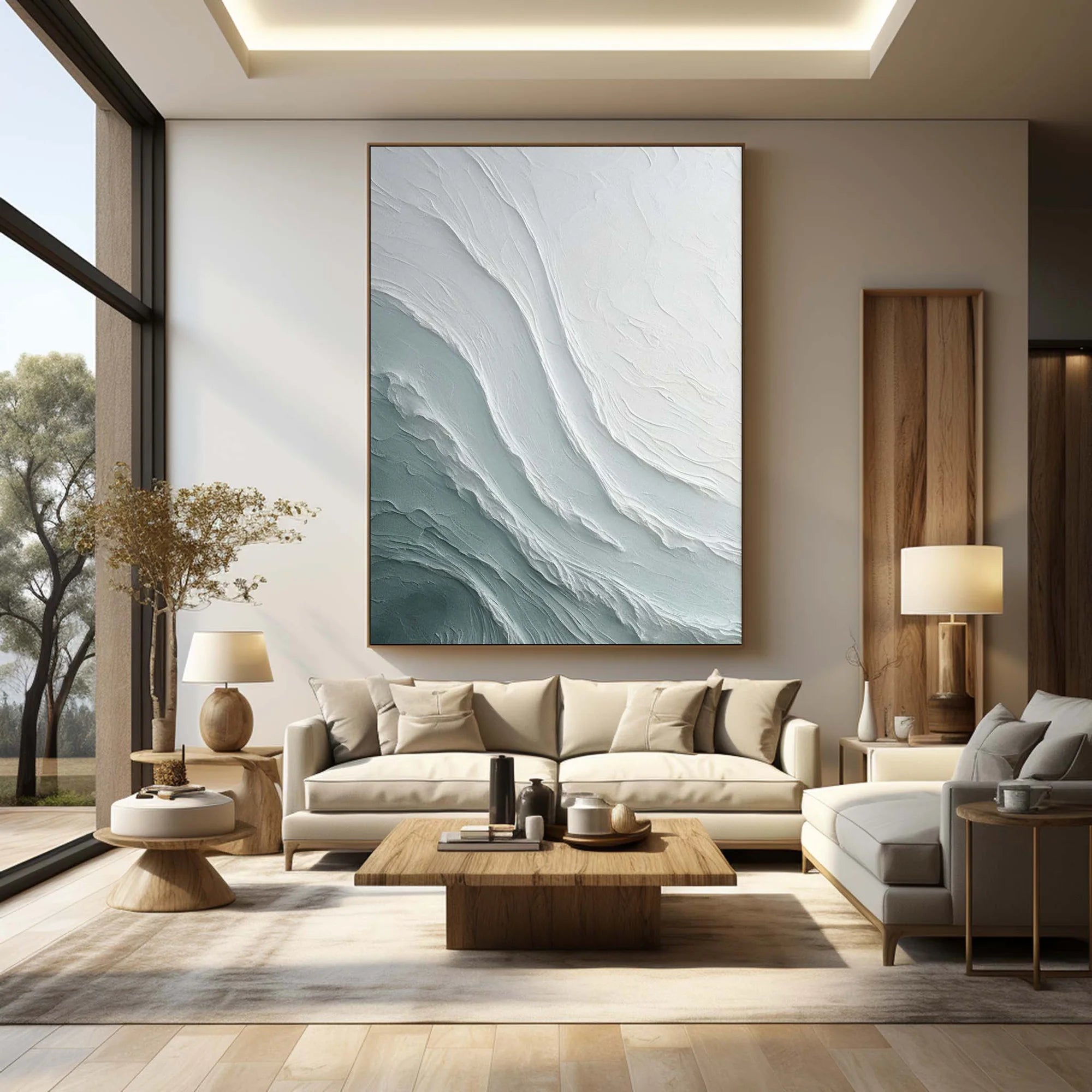 Teal & White Abstract Ocean Wave Textured Oil Painting #MD147