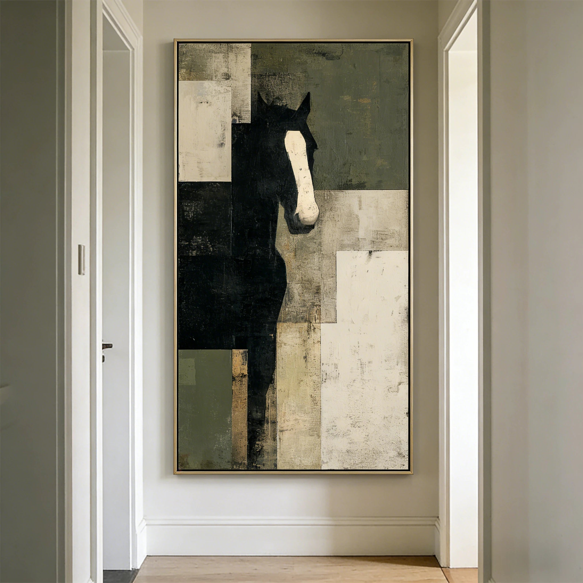 Abstract Black Horse Oil Painting - Hand-Painted Wabi-Sabi Wall Art #WA525