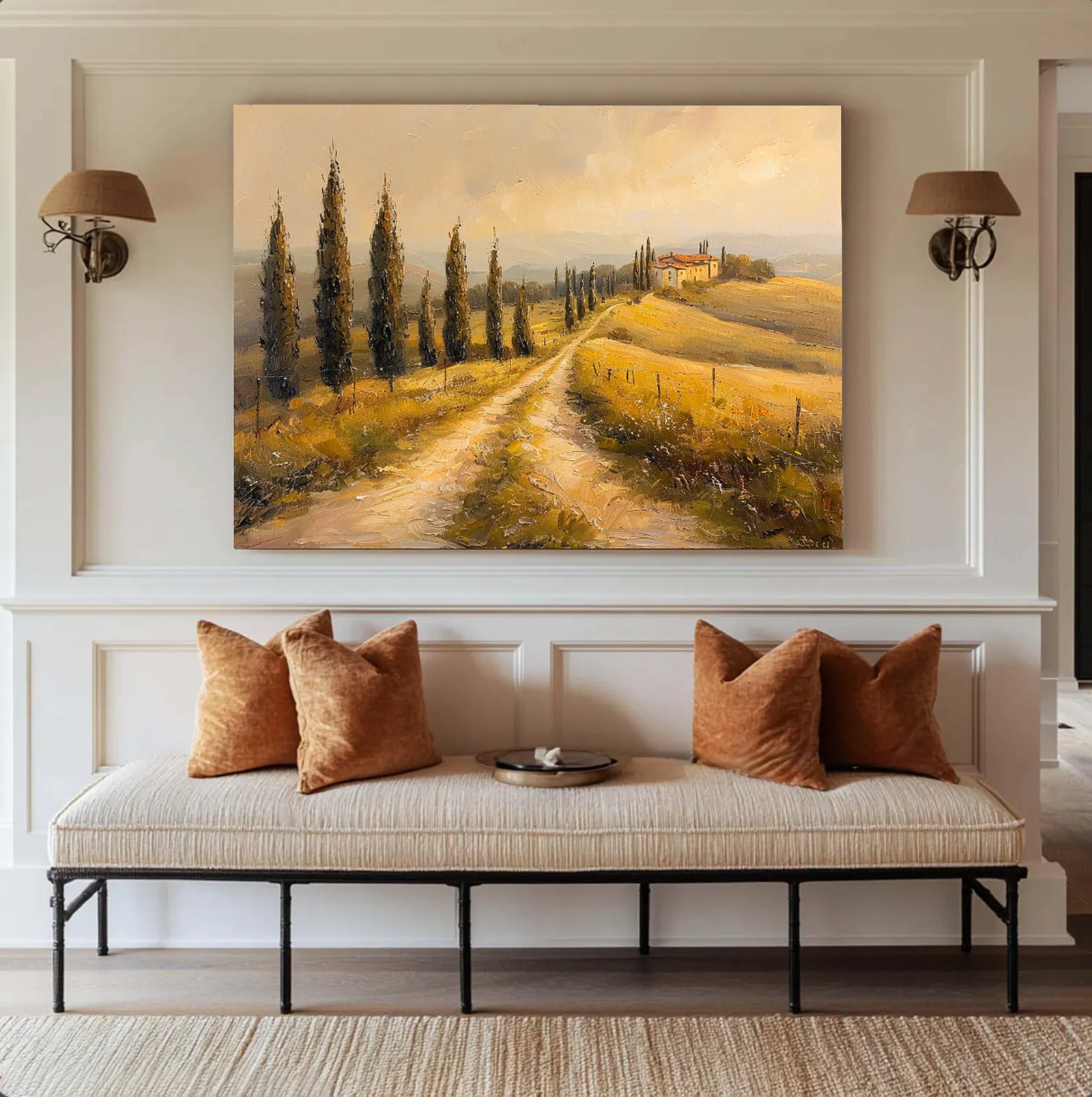 Tuscany Countryside Oil Painting, Neutral Landscape Wall Art #FT587