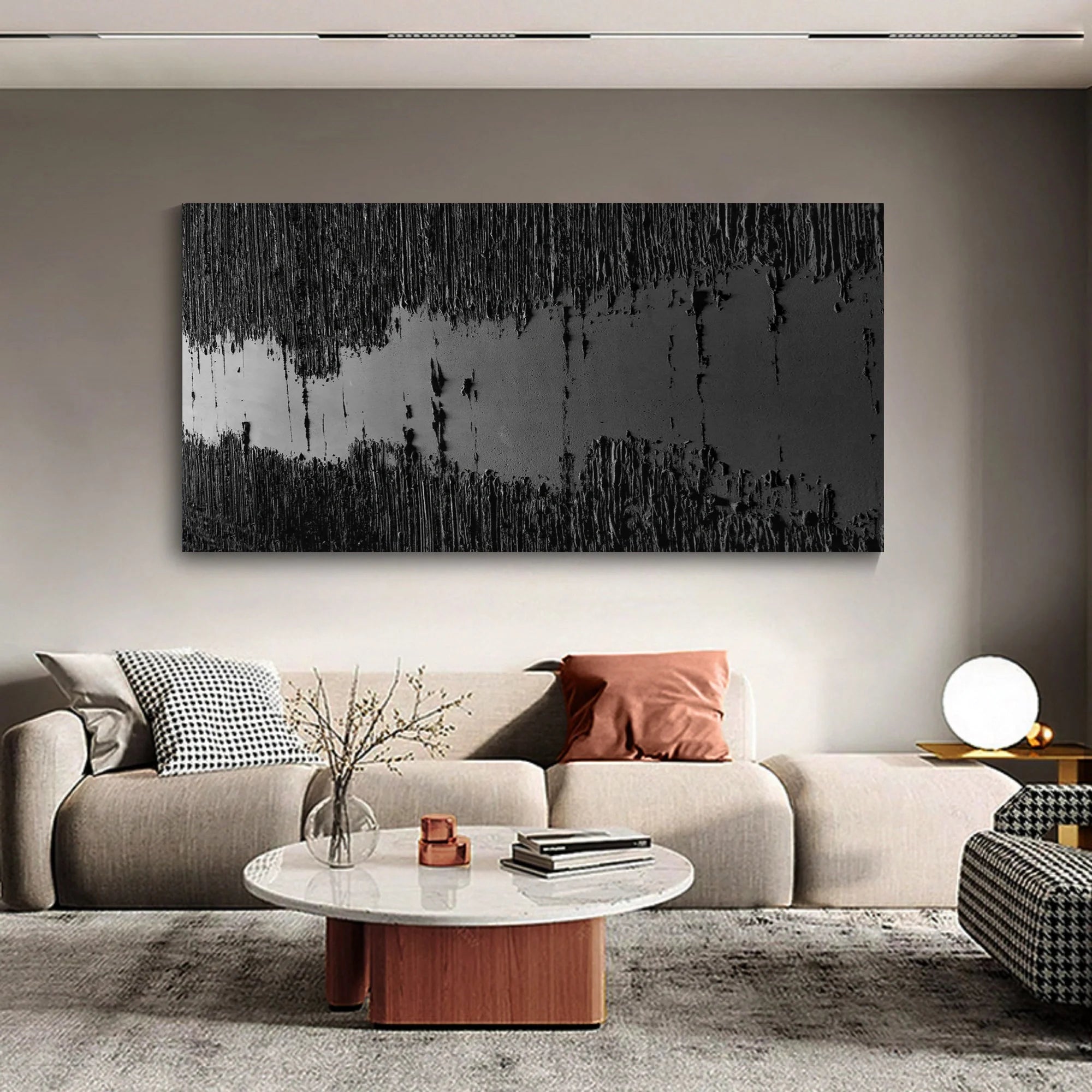 Black 3D Textured River Minimalist Painting on Canvas for Wall Decro