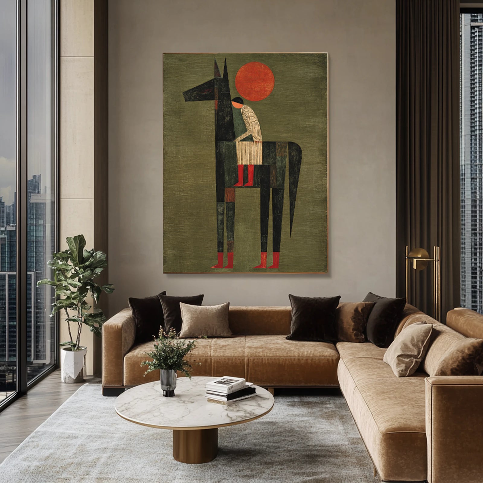 Abstract Horse Rider Oil Painting, Green & Red Wall Art #WA524