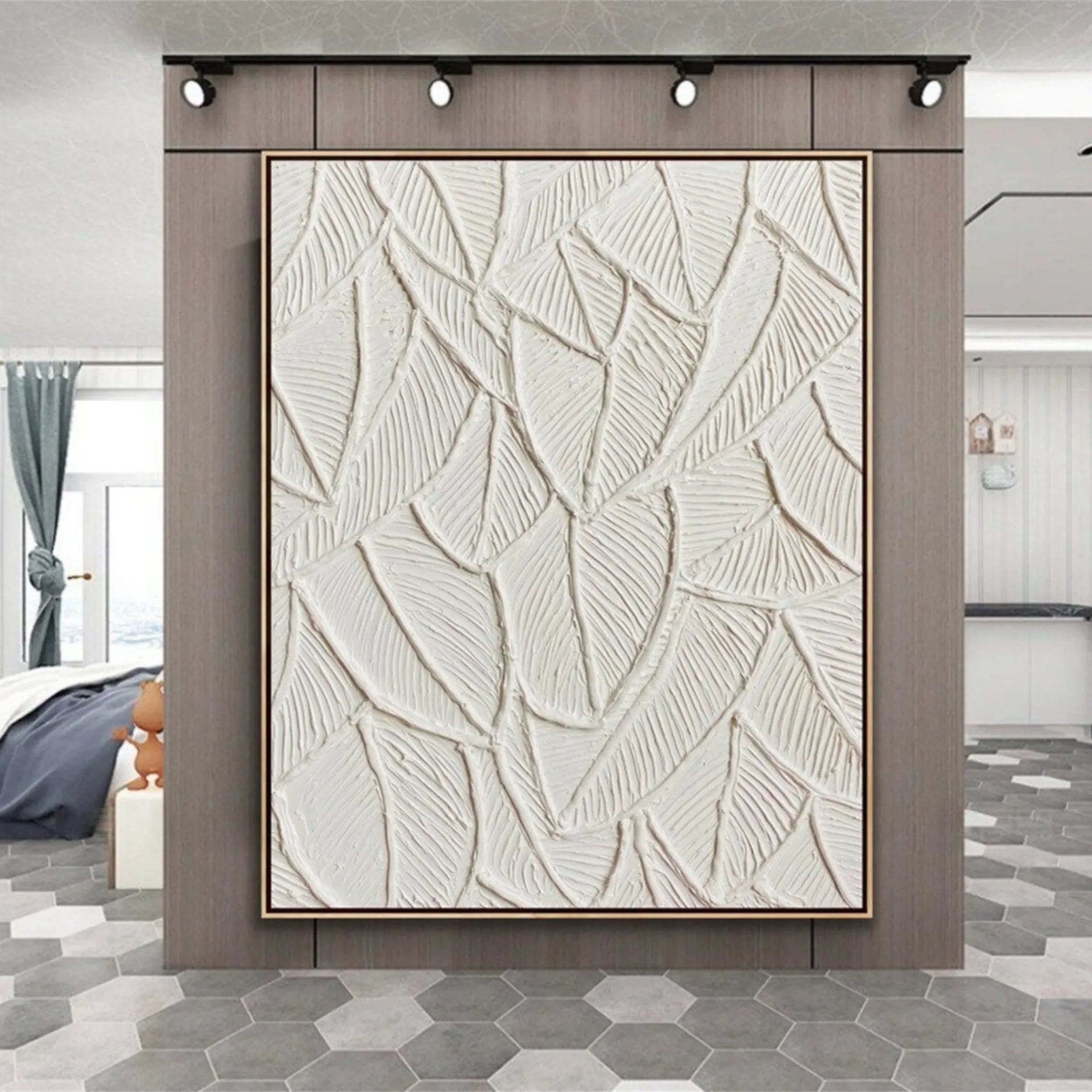 White 3D Textured Leaf Abstract Painting #MD150