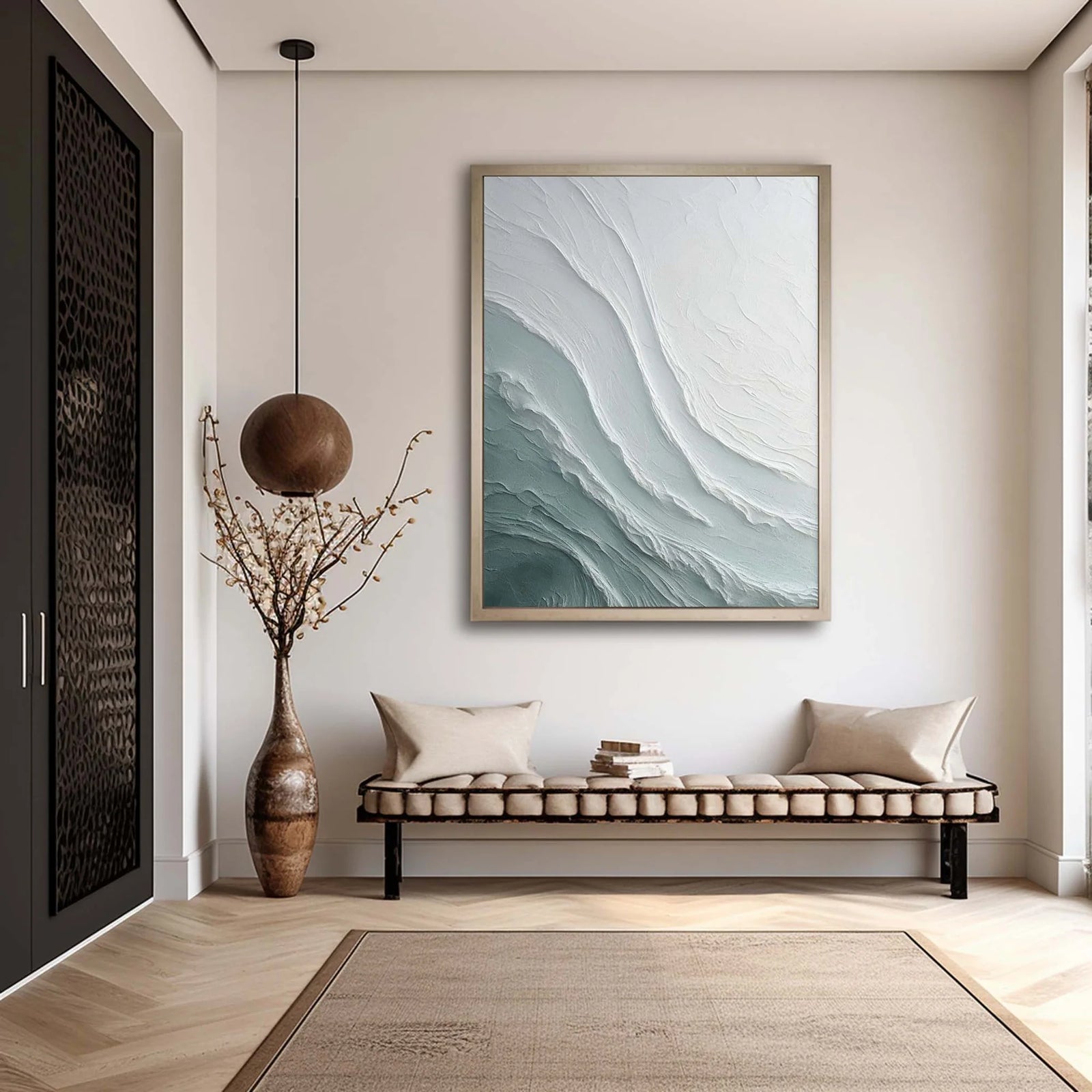 Teal & White Abstract Ocean Wave Textured Oil Painting #MD147