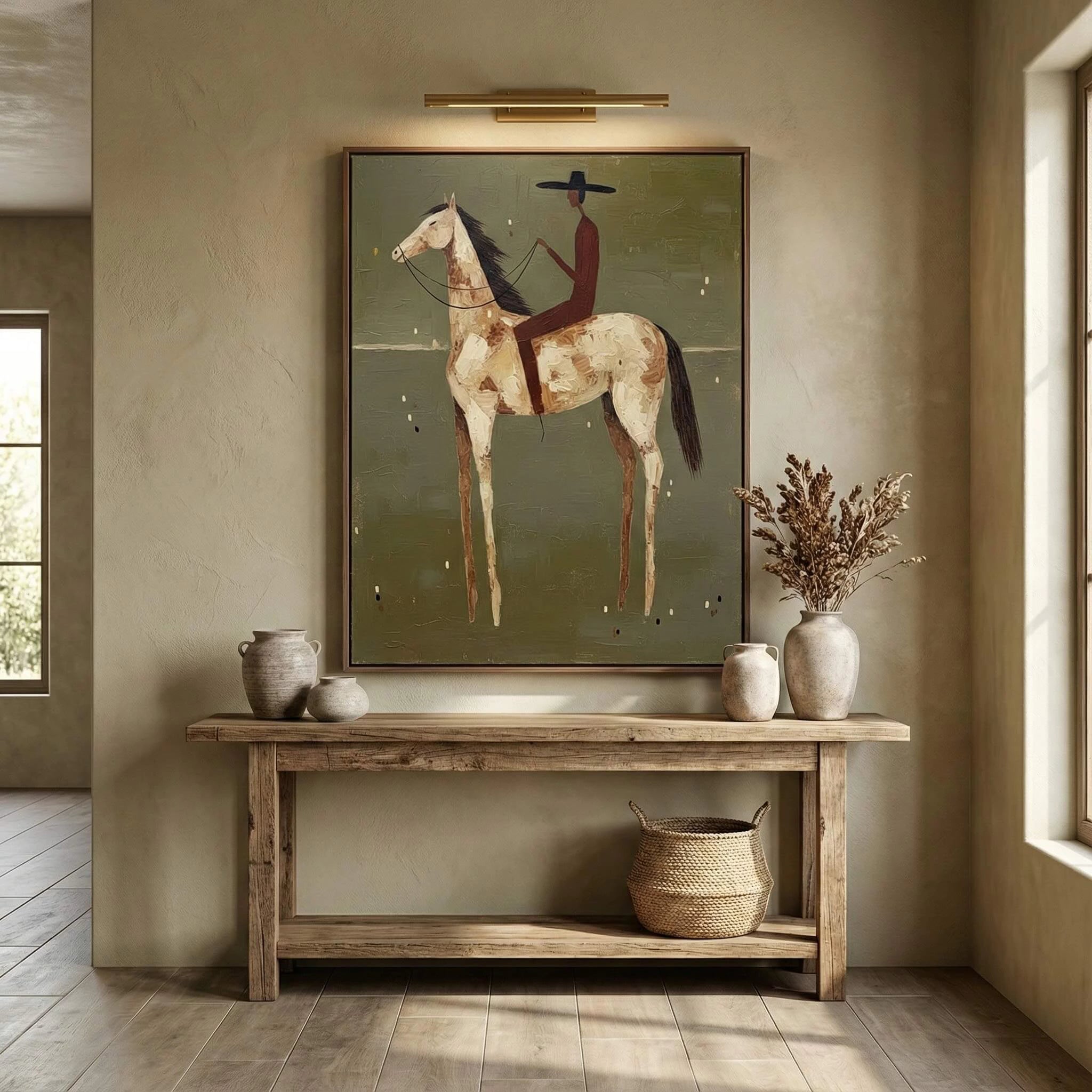 Hand-painted Abstract Cowboy on Horse Oil Painting, Neutral Western Wall Art #AB141