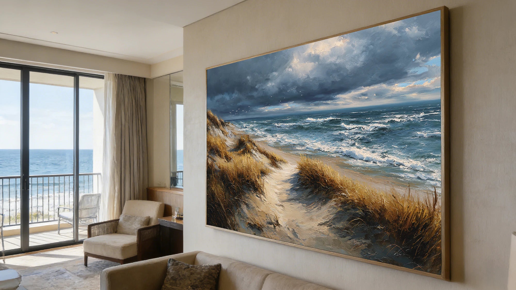 Stormy Beach Dunes Oil Painting Neutral Seascape Canvas #SK590