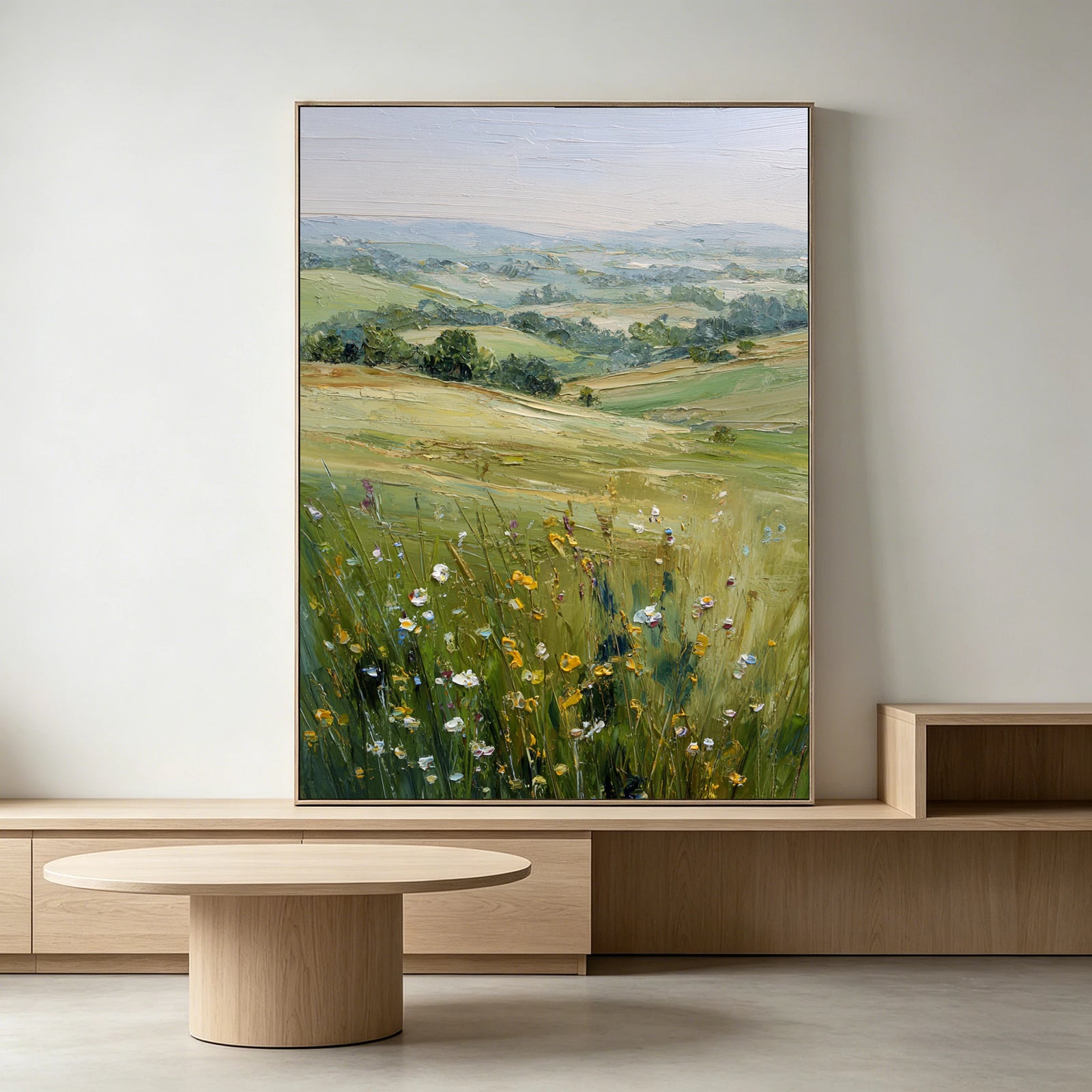 Hand-Painted Green Meadow Landscape Oil Painting #FT620