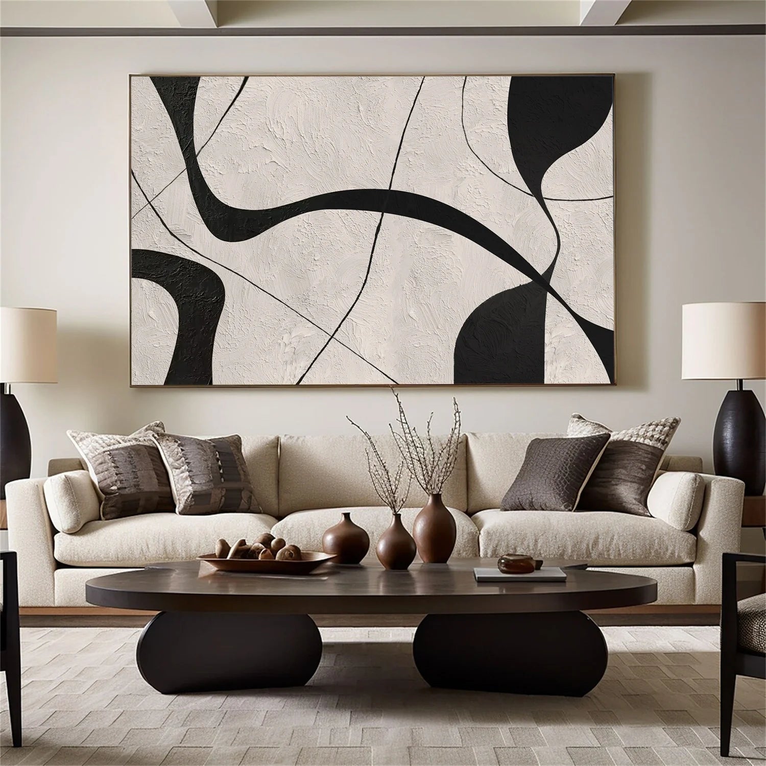Beige & Black Abstract Textured Canvas Art #WA785