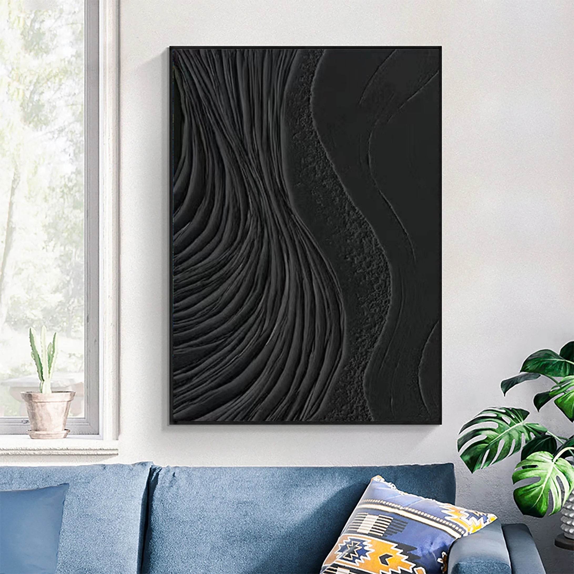 3D Textured Black Surf Minimalist Painting Modernism Wall Art For Living Room/Bedroom