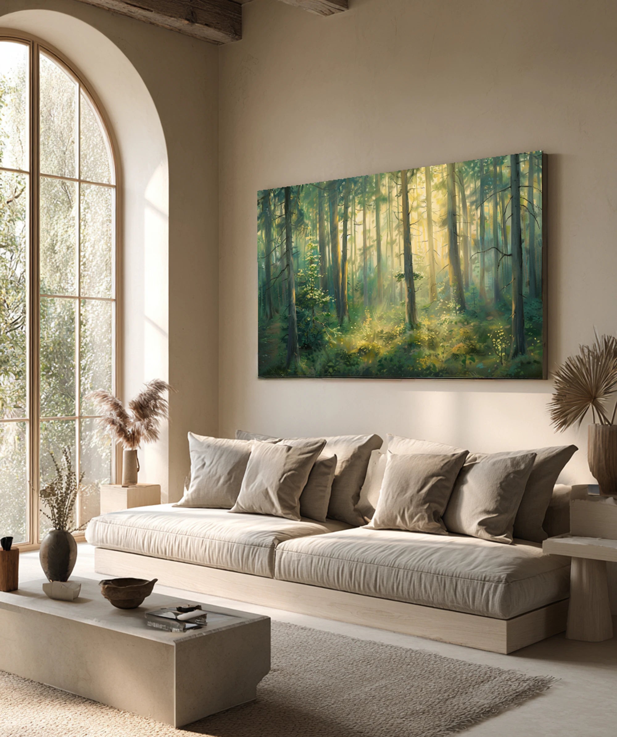 Sunlit Forest Landscape Oil Painting, Green Nature Wall Art #FT593