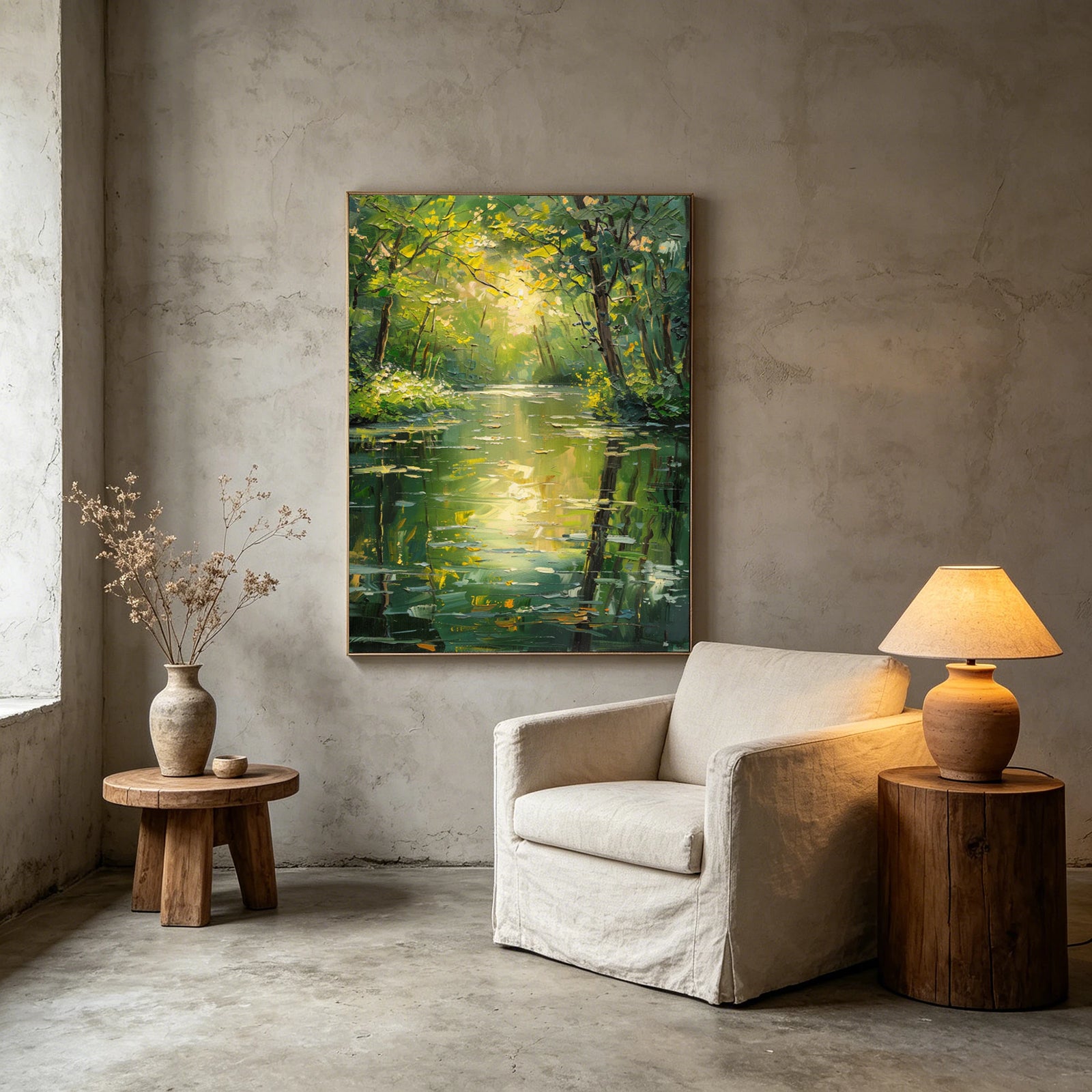 Hand-Painted Green Forest River Oil Painting #FJ597
