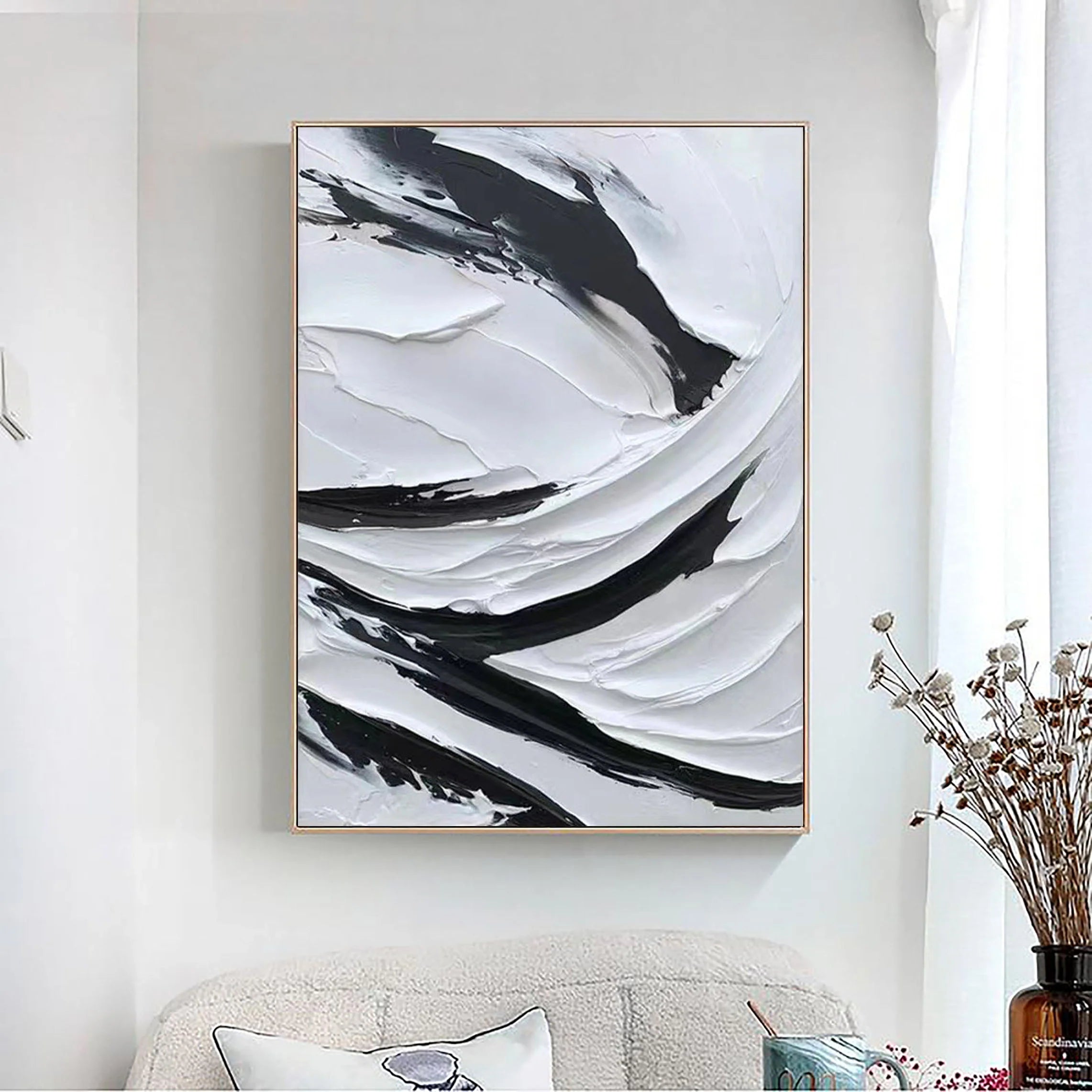 Black and White Plaster Art Textured Painting on Canvas Wall Decor