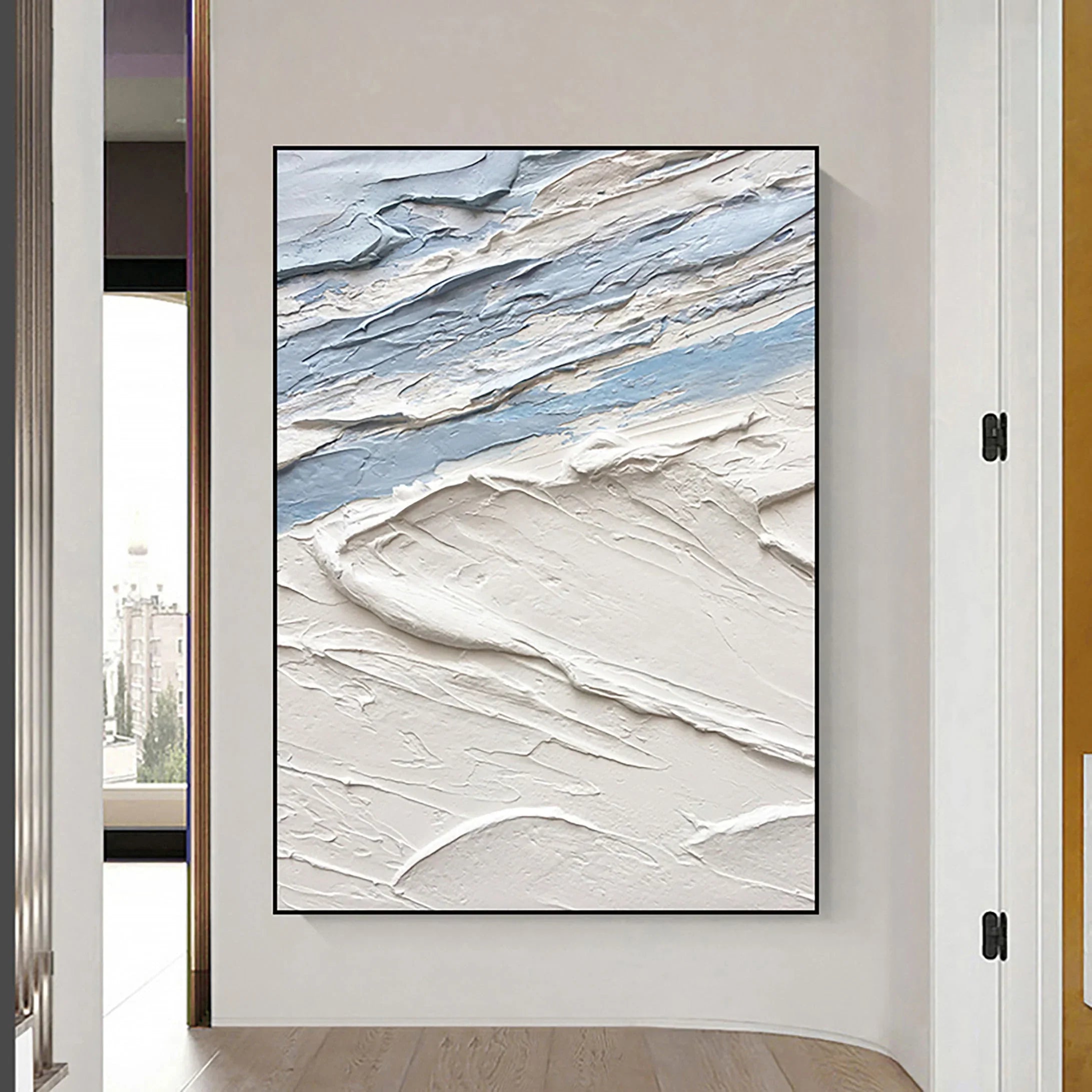 Blue White Textured Sea Slaps Plaster Art Minimalist Painting Wall Decor