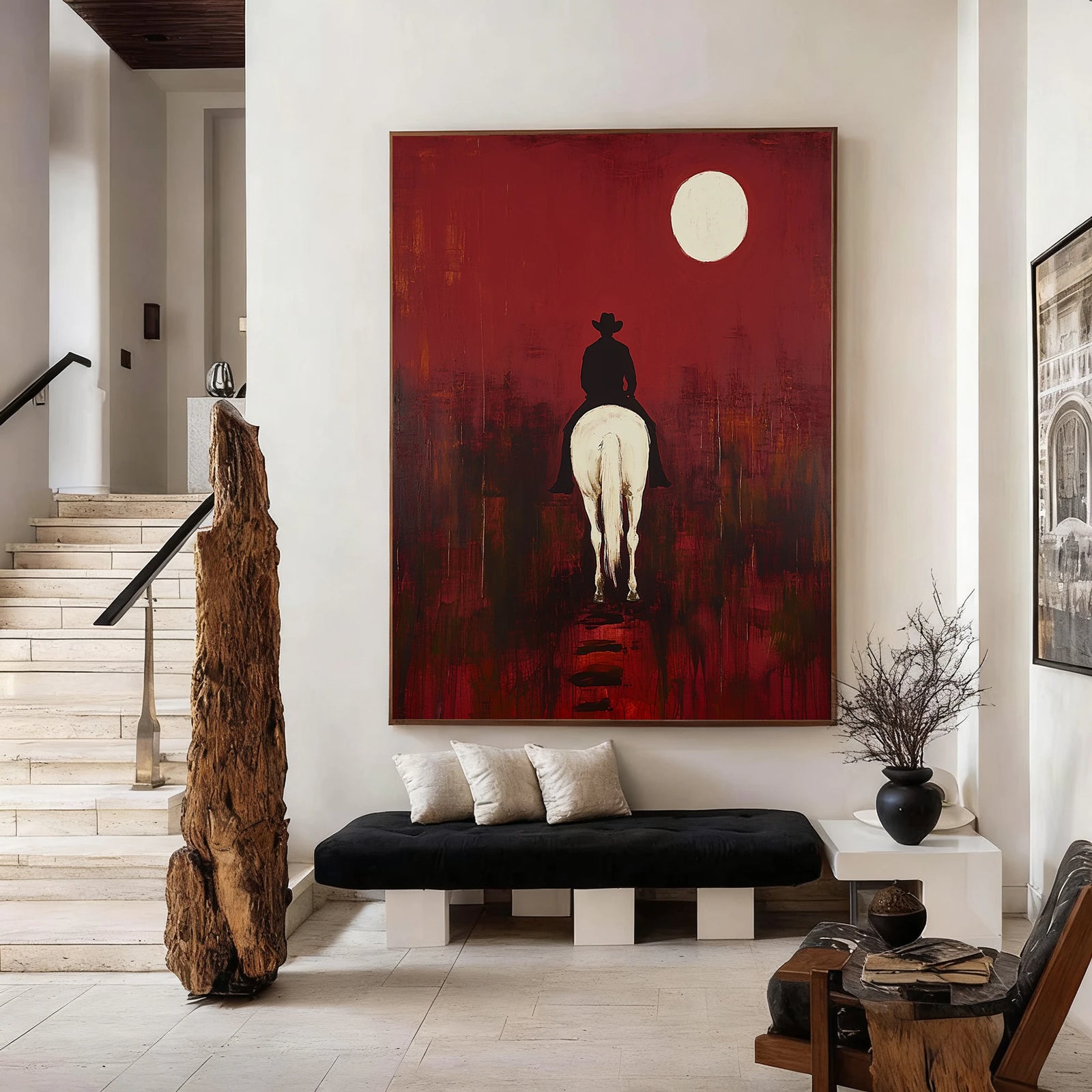 Red Moon Cowboy & White Horse Oil Painting #WA530