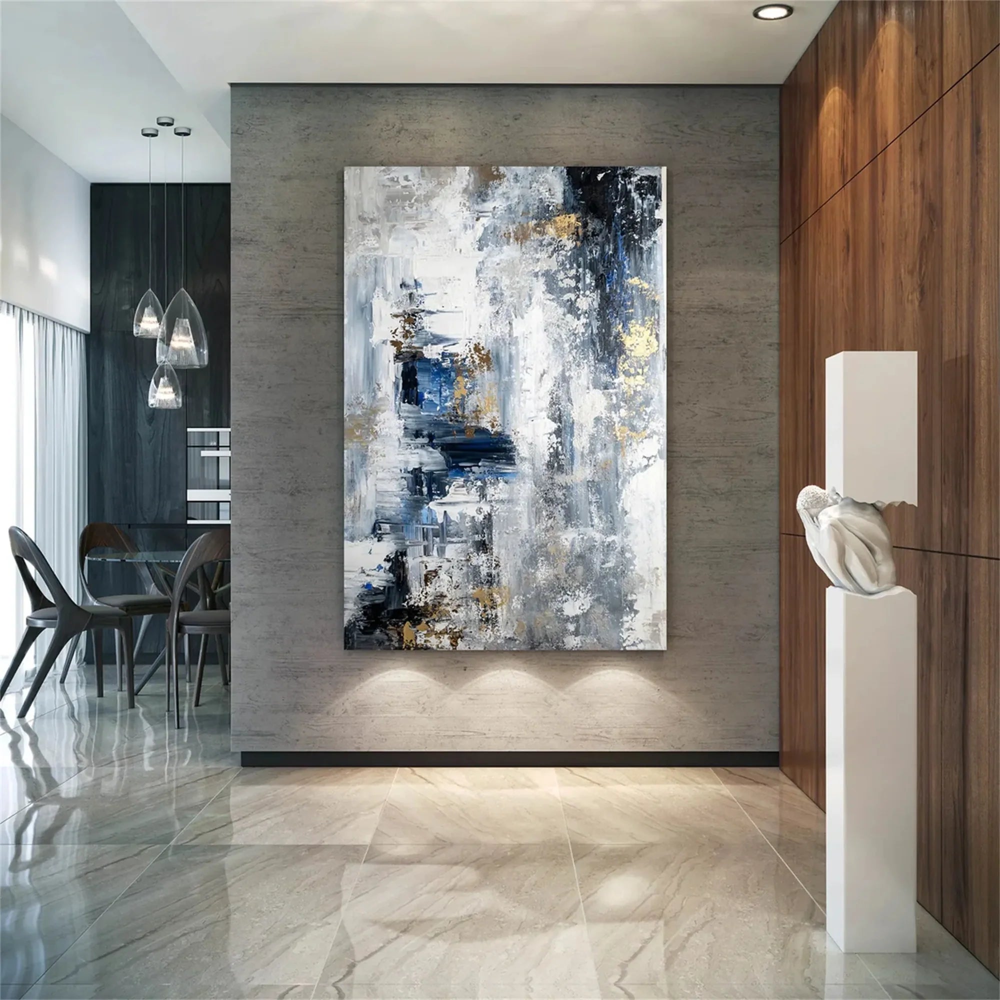 Blue Grey Gold Abstract Canvas Art #MZ353