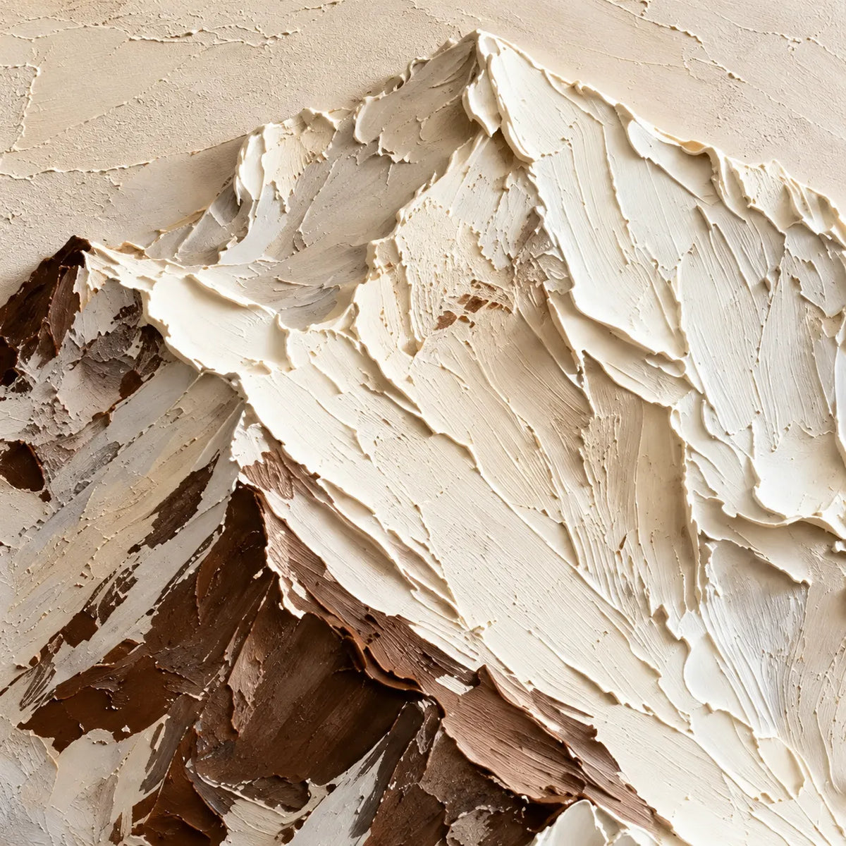 Ivory & Brown Hand-Painted 3D Textured Oil Painting, Snowy Mountain Landscape Wall Art #41E584U4
