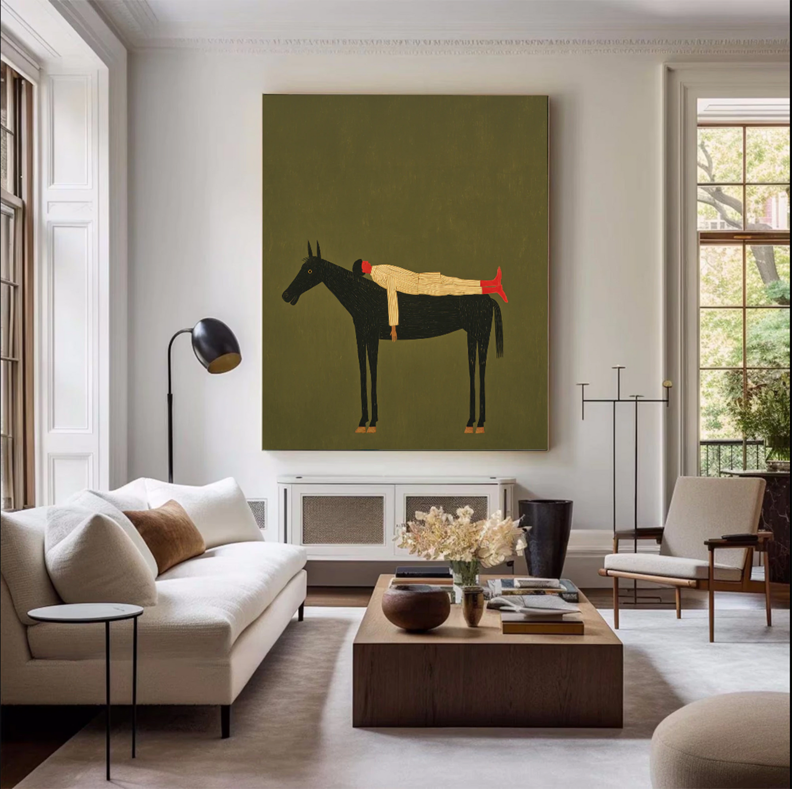 Hand-Painted Minimalist Horse and Rider Wall Art, Olive Green Canvas Painting #WA534