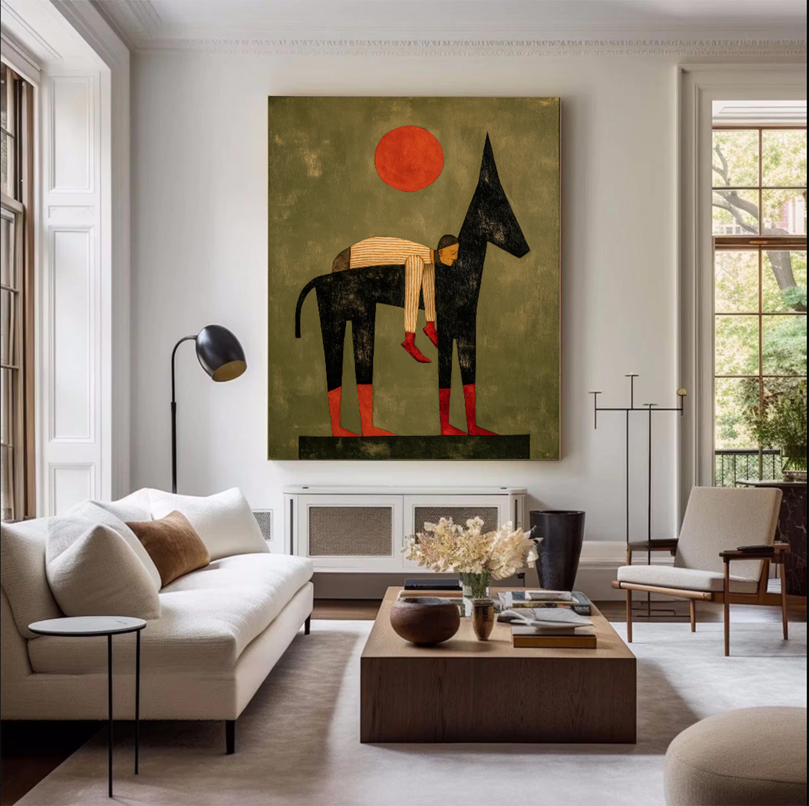 Abstract Man & Donkey Oil Painting, Earthy Tone Wall Art #WA535