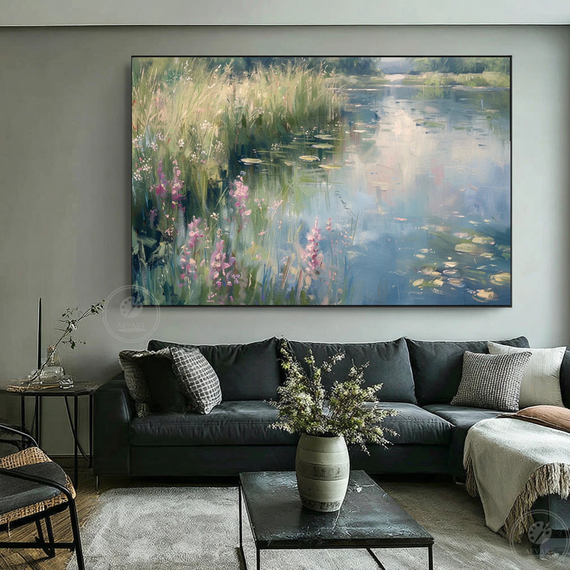 Impressionist Water Lily Pond Oil Painting, Calm Nature Landscape Wall Art #FT584