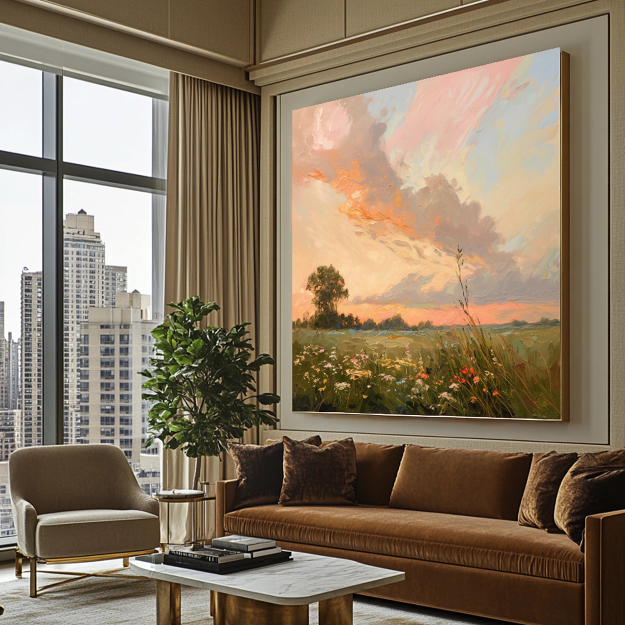 Sunset Meadow Landscape Oil Painting #FT522