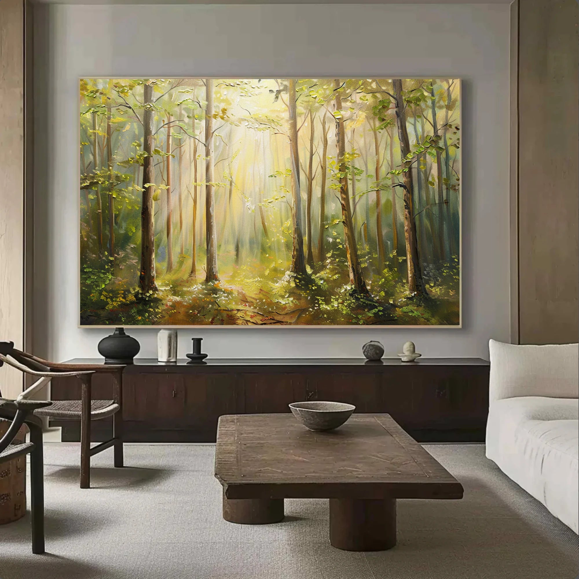 Sunlit Forest Landscape Oil Painting, Large Textured Wall Art #FT596