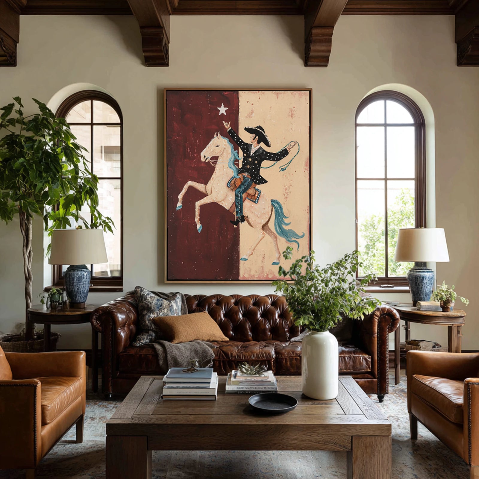 Hand-Painted Cowboy & Horse Texas Flag Wall Art #AB513