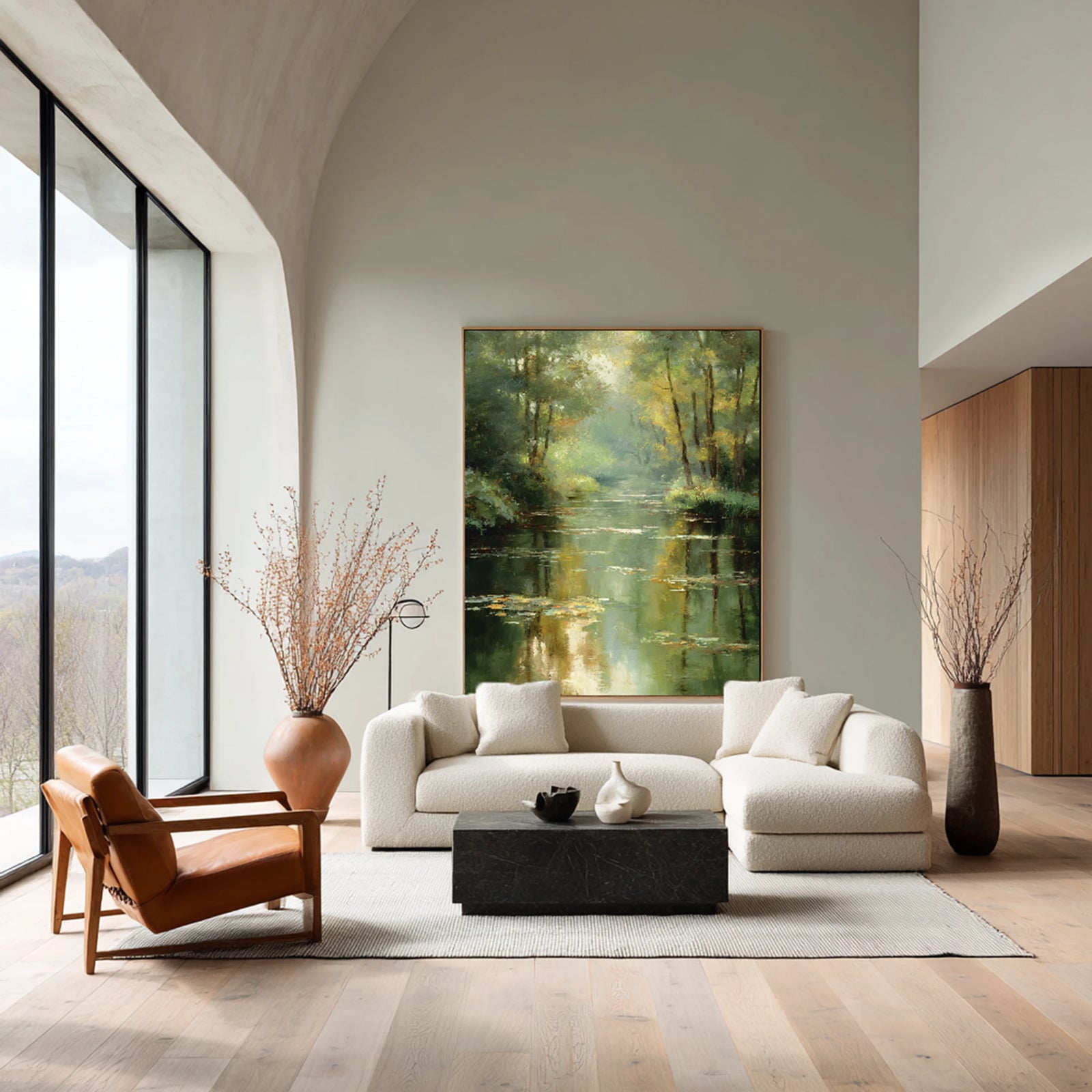 Hand-Painted Forest River Landscape Oil Painting with Water Lilies #FJ667