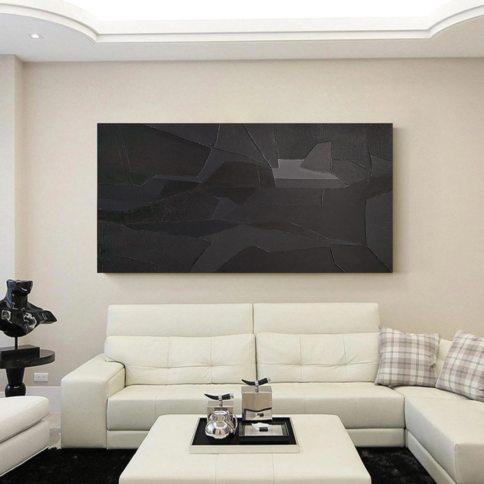 Black Geometric Minimalist Painting On Canvas Handcrafted Abstract Wall Art