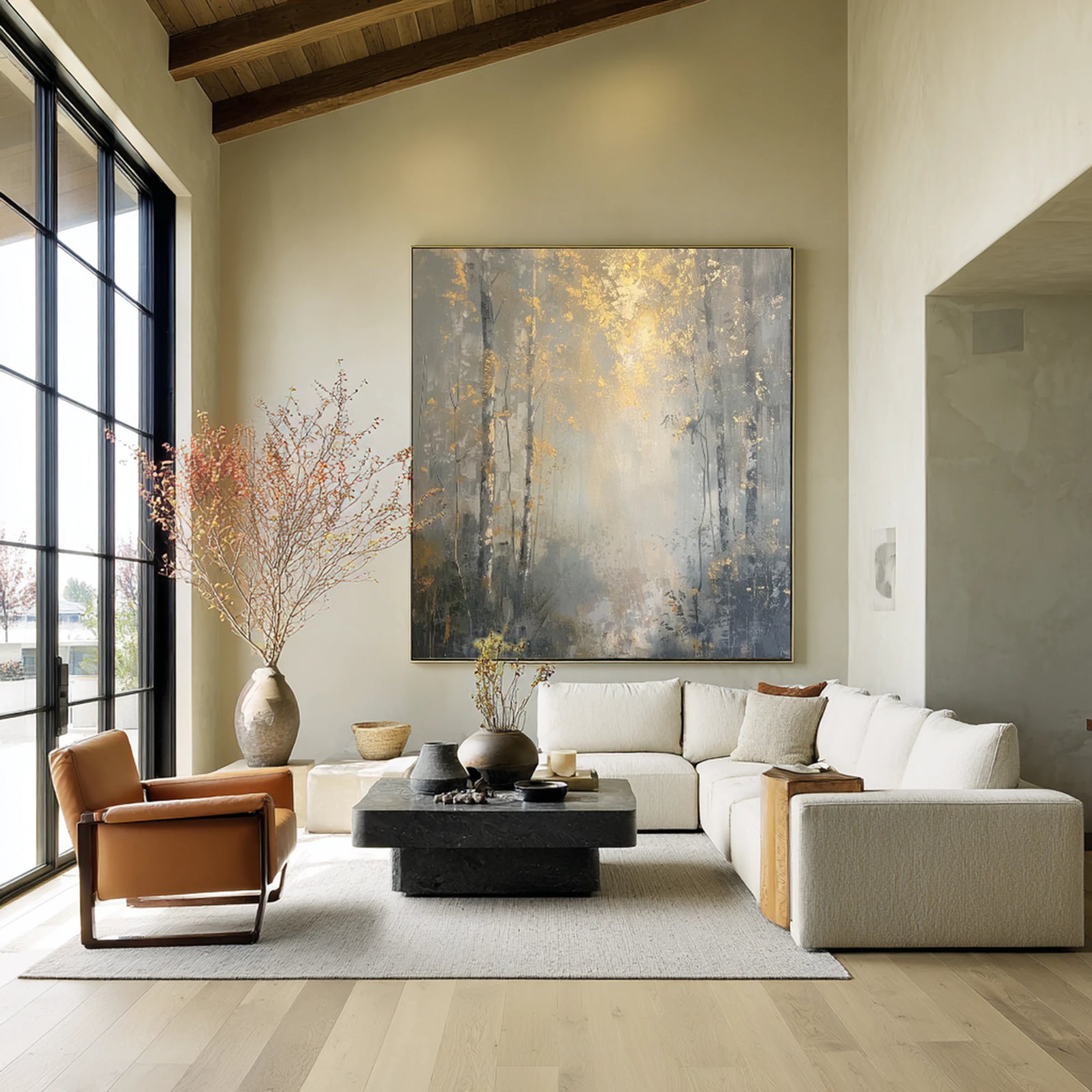 Hand-Painted Gold Grey Forest Oil Painting, Abstract Tree Wall Art #FT520