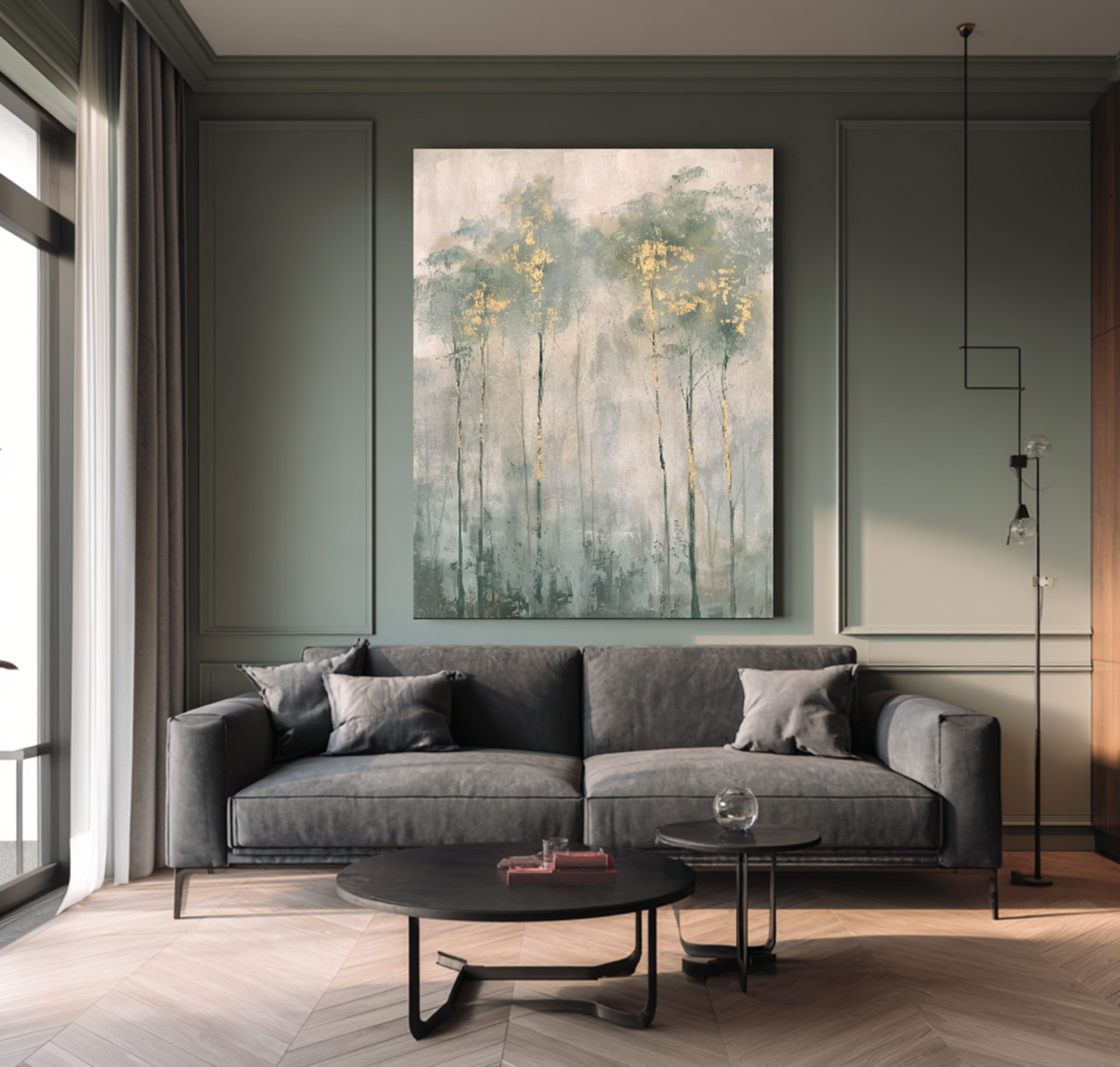 Misty Sage Green Forest Oil Painting with Gold Leaf Accents #FT208