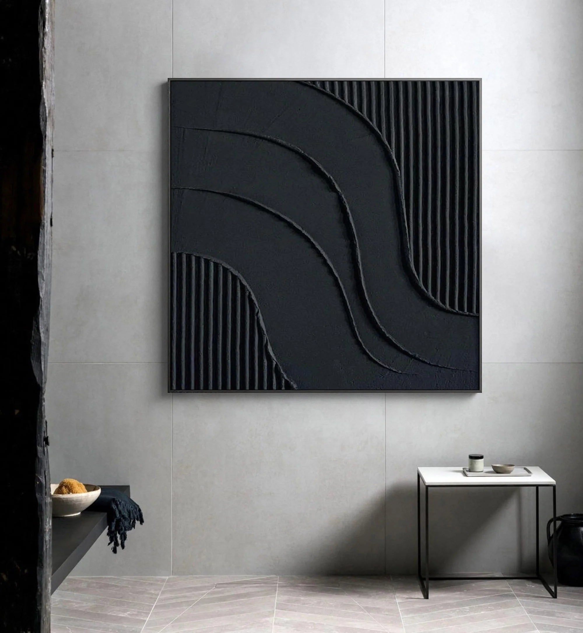 Black Minimalist Painting Original 3D Textired Wall Art Framed Canvas