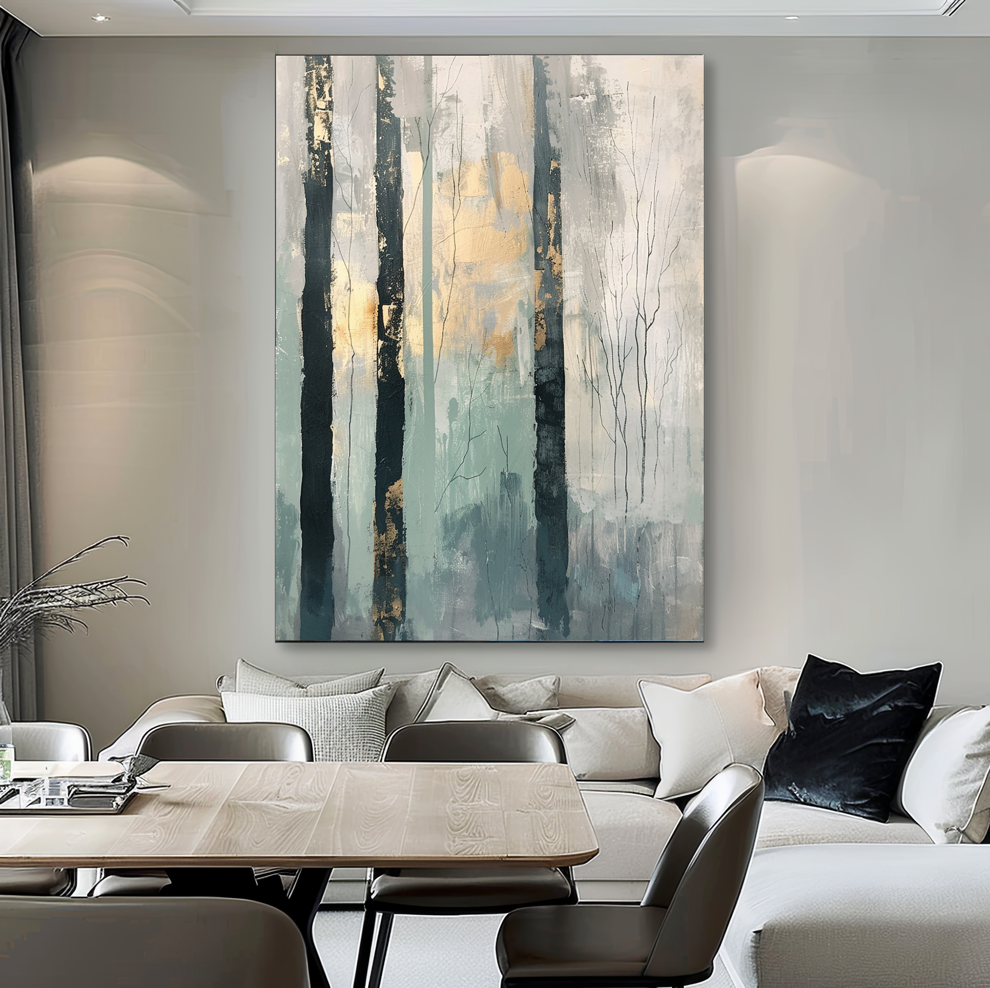 Abstract Birch Forest with Gold Leaf Textured Oil Painting #FT213