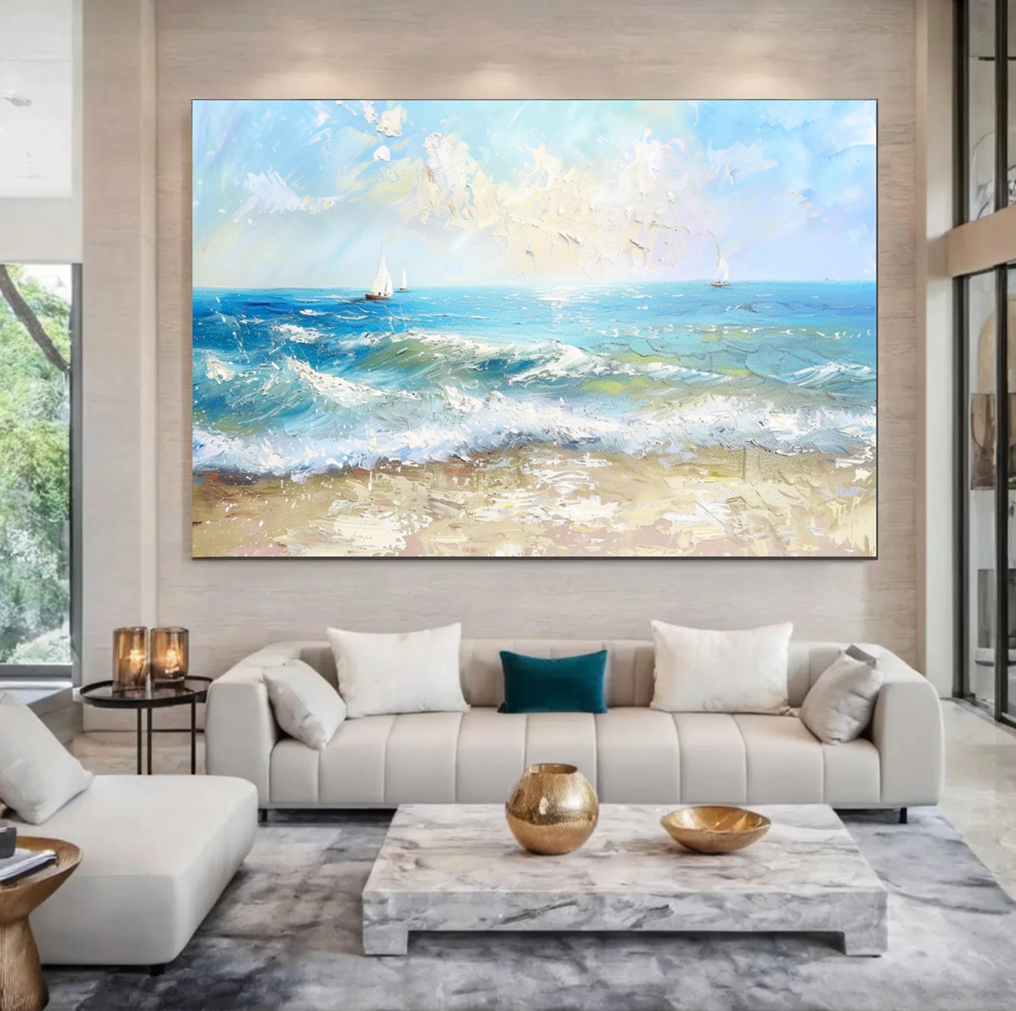 Hand-Painted Seascape Sailboat Oil Painting #SK605